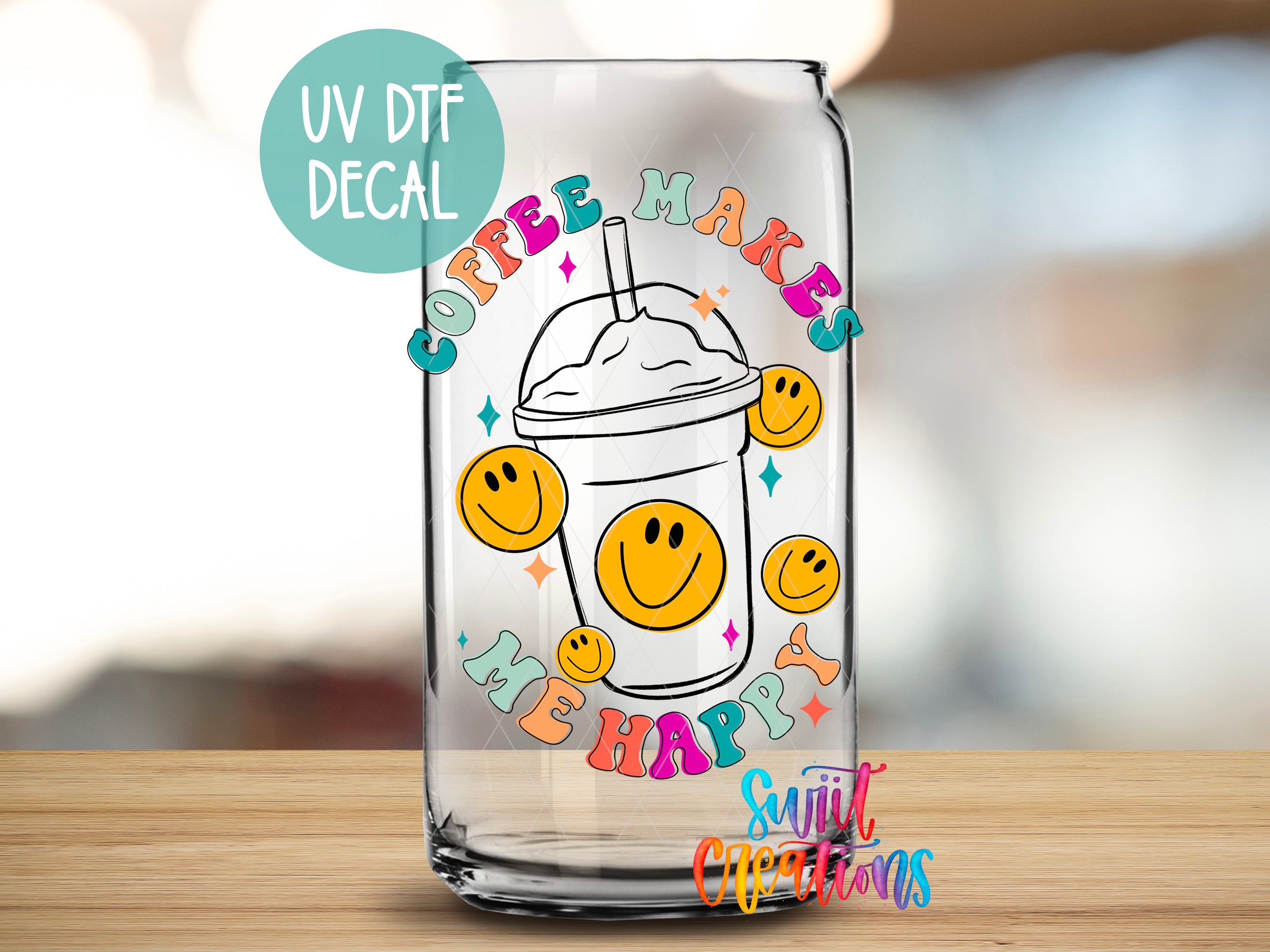 a glass with a picture of a drink on it