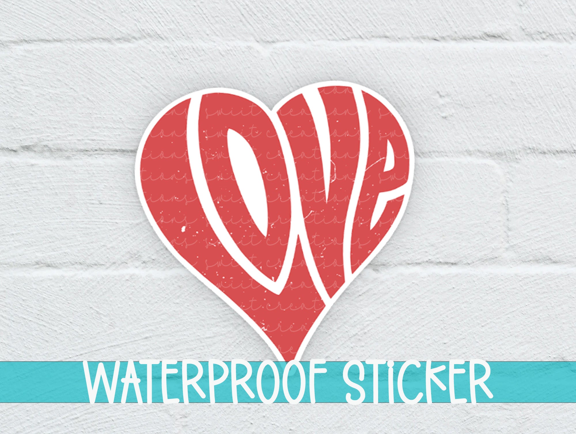 a red heart with the word waterproof sticker on it