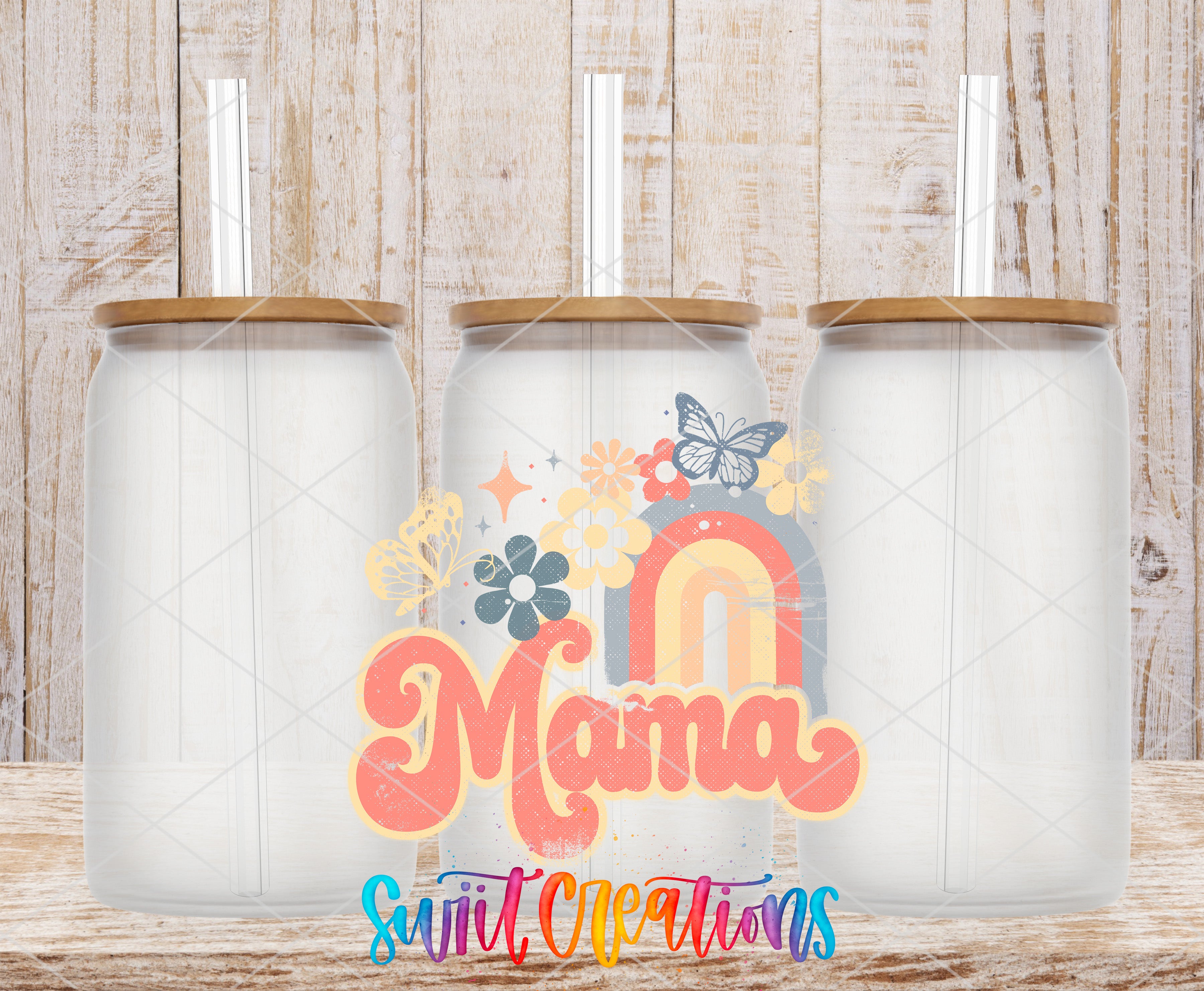 Swiit Creations UV DTF Mama Rainbow Floral transfer shown on a clear glass can set