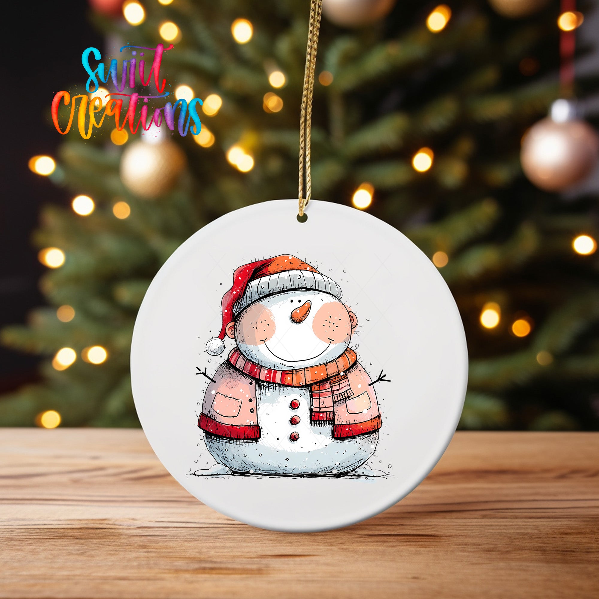 A white snowman ornament with a red scarf and hat is hanging on a string in front of a blurred Christmas tree with twinkling lights.