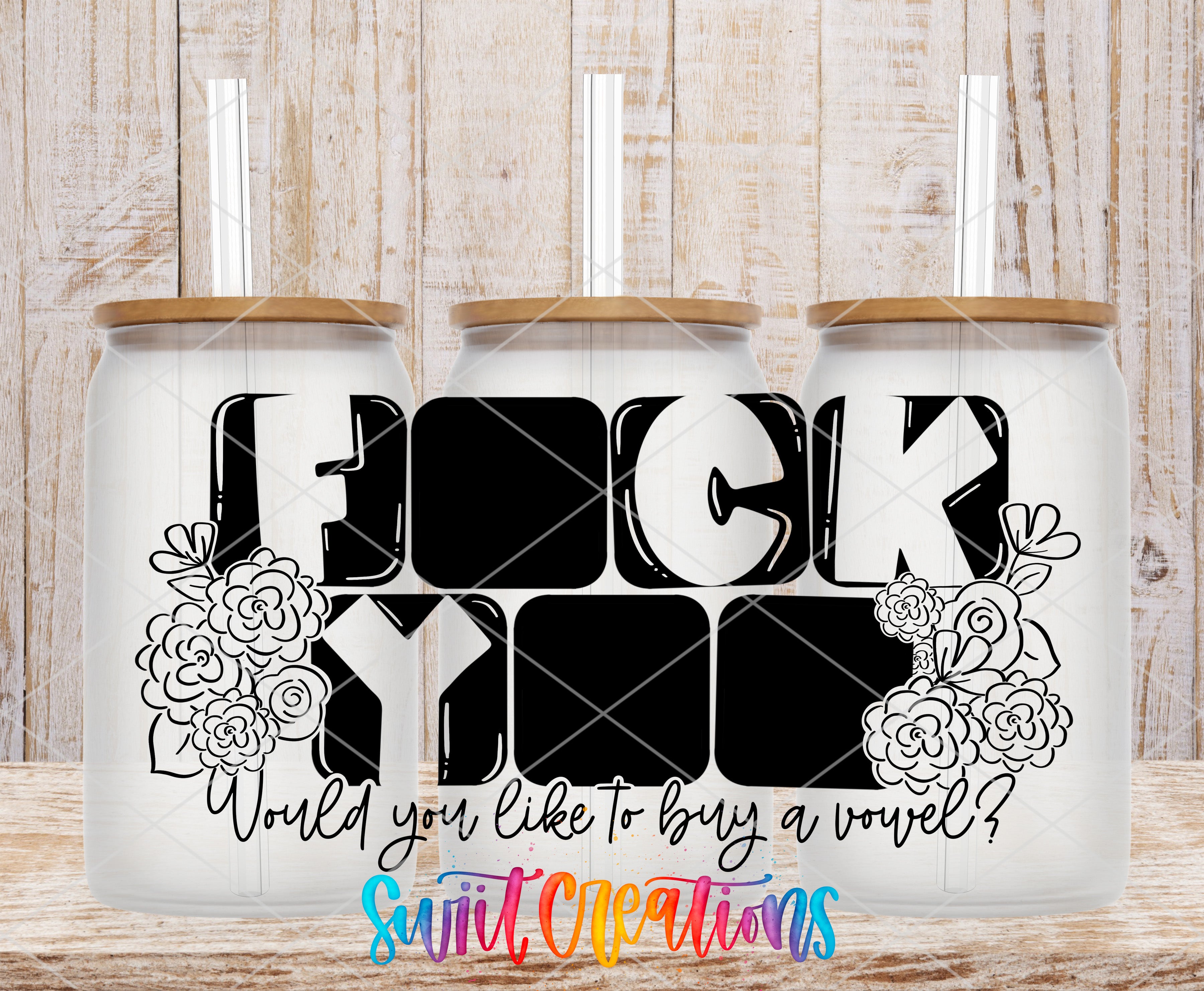 three white tumblers with black text and floral designs.