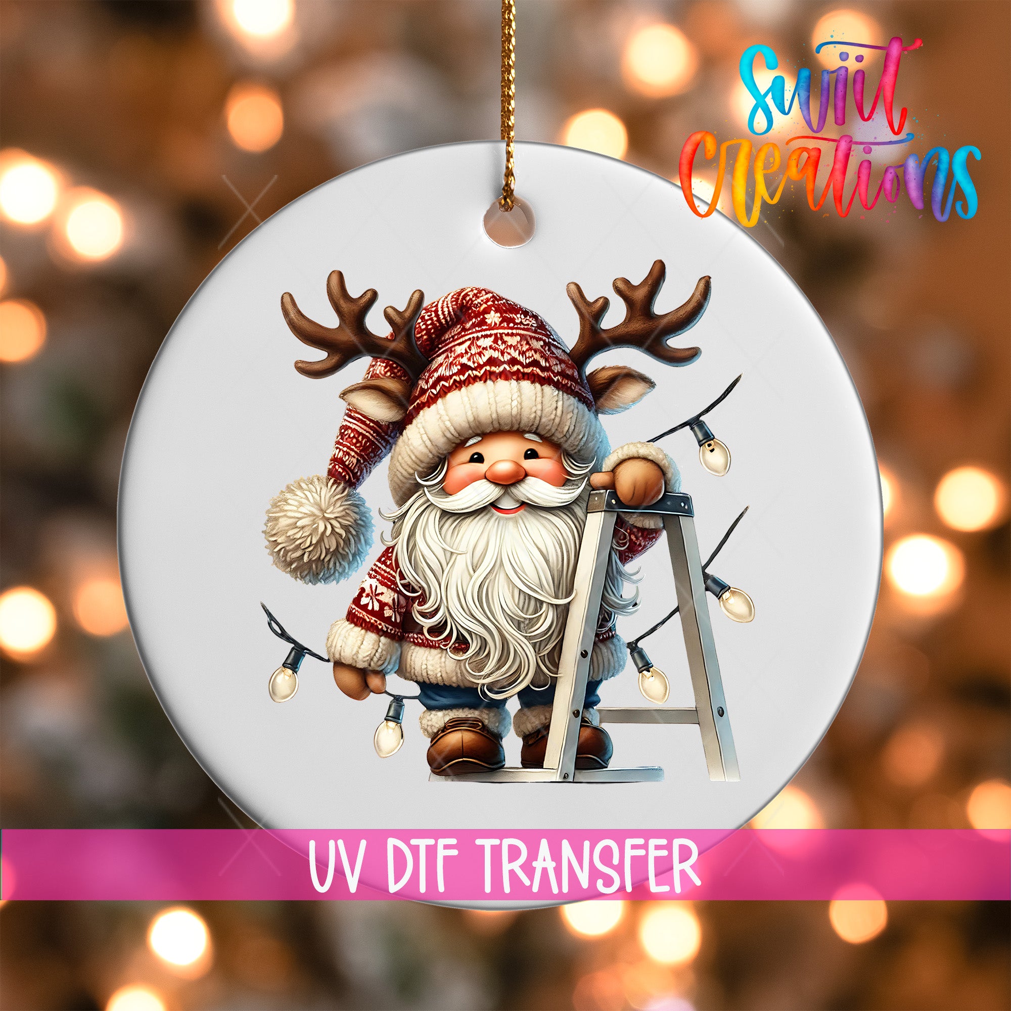 A white ornament featuring a smiling Santa Claus with antlers and a ladder, surrounded by Christmas lights.