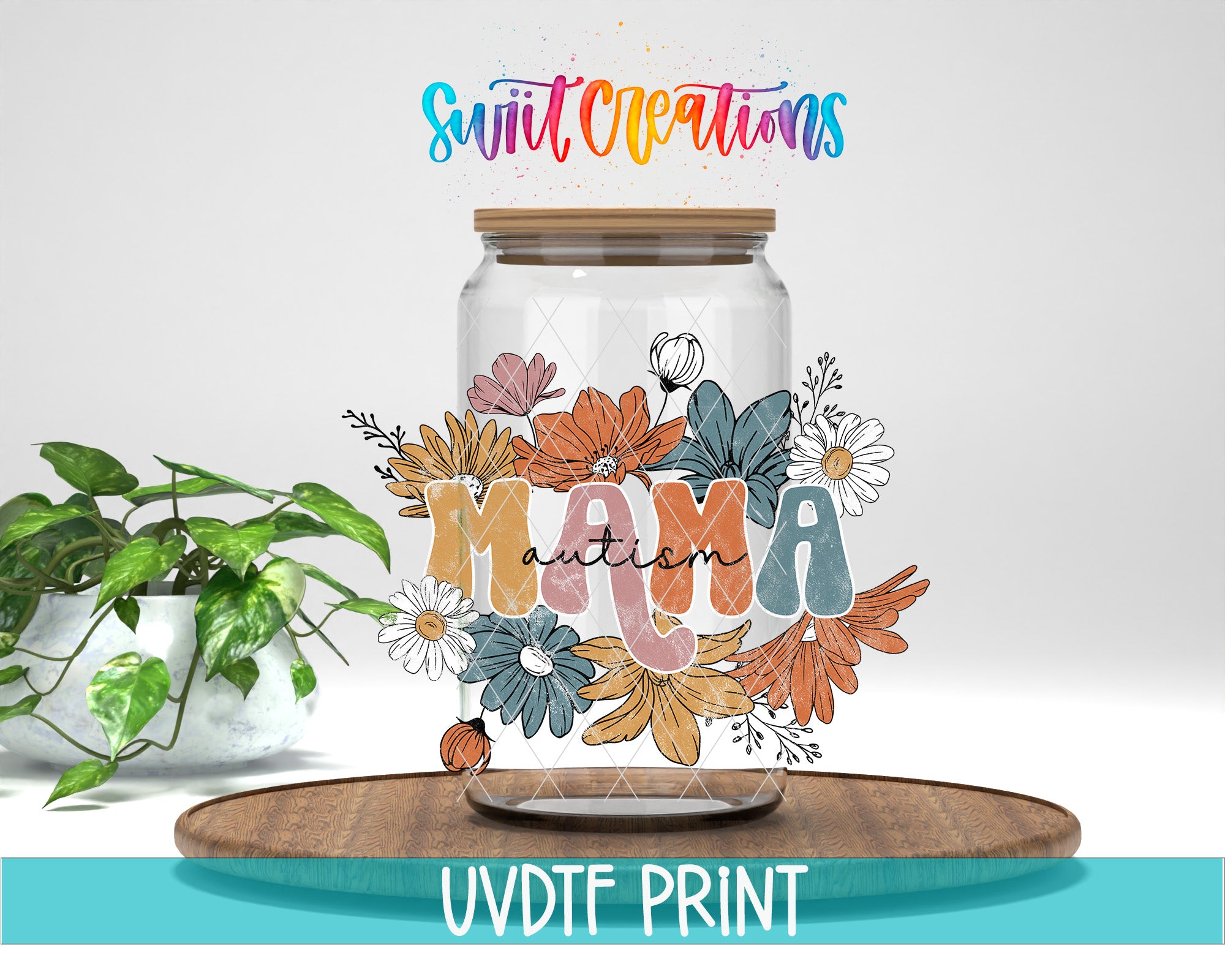 A glass jar with a wooden lid, decorated with colorful flowers and the word "MAMA" written on it. The jar is placed on a wooden surface, and there is a potted plant in the background.