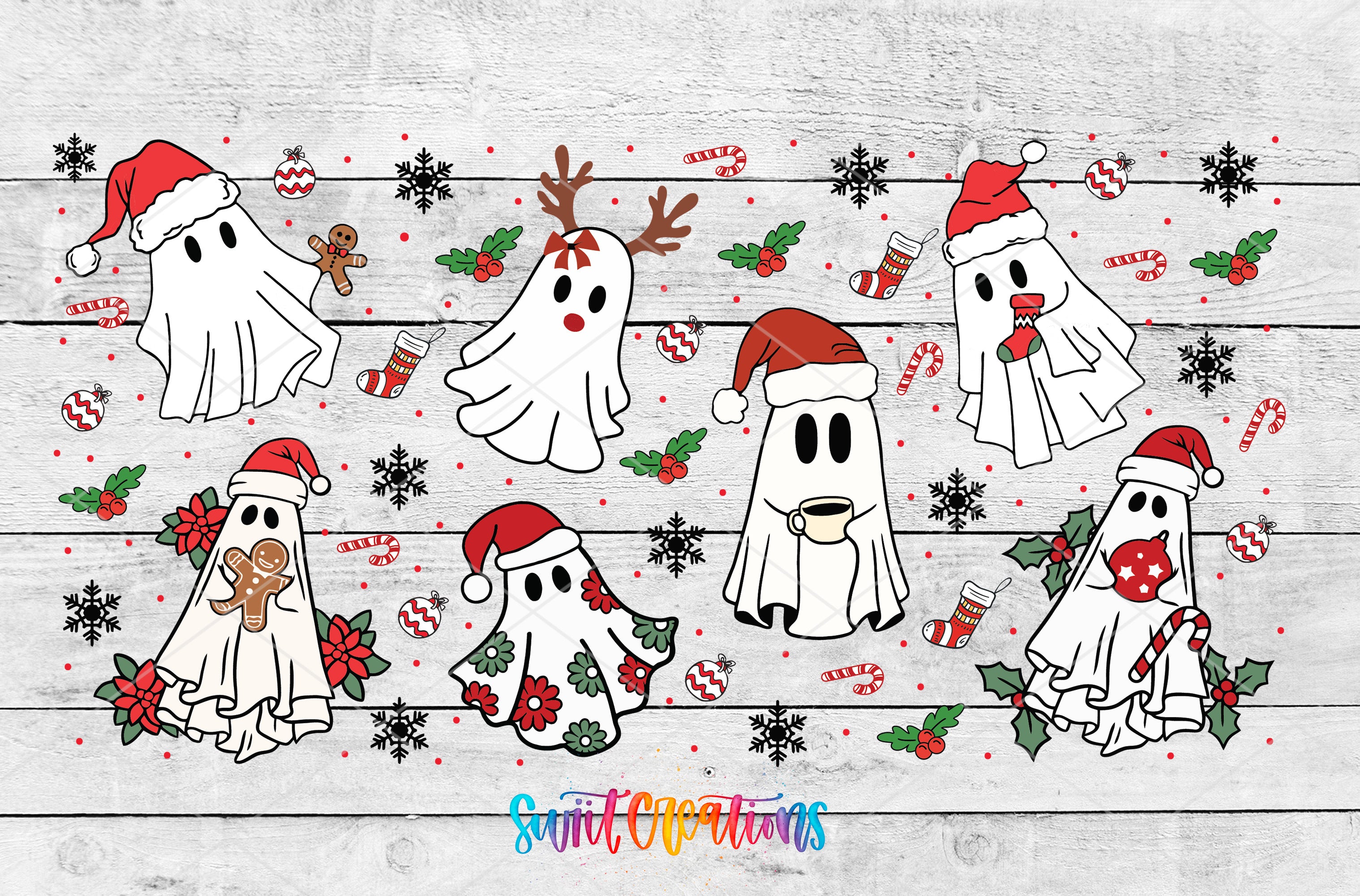 a group of white dogs wearing christmas hats and scarves
