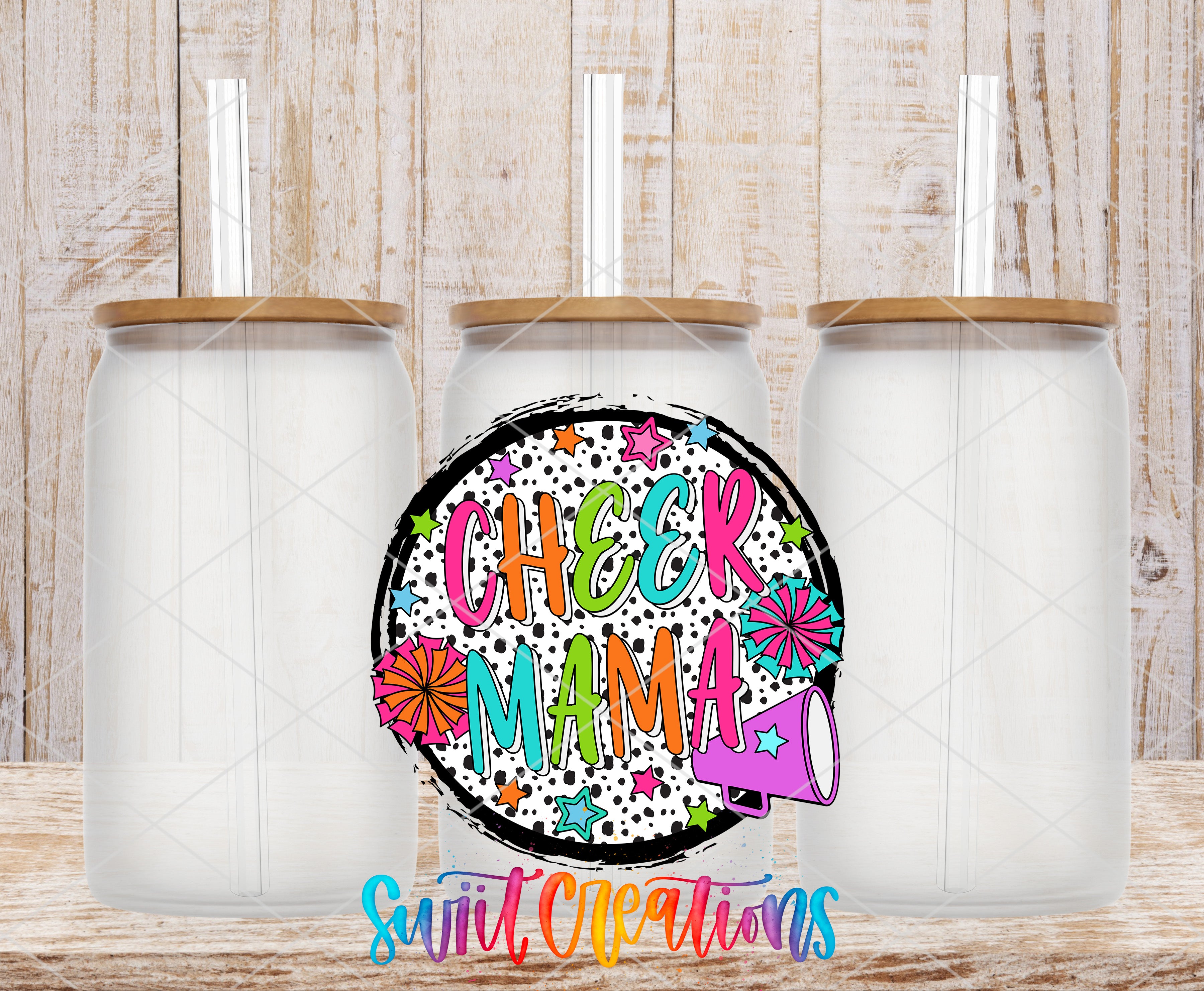Swiit Creations UV DTF Colorful Proud Cheer Mama transfer shown on a clear glass can set