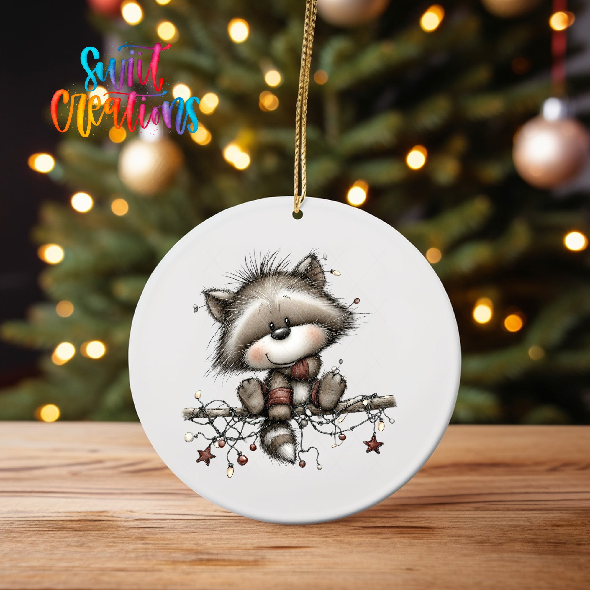 A white ceramic ornament featuring a raccoon sitting on a branch with lights and stars, hanging from a string.