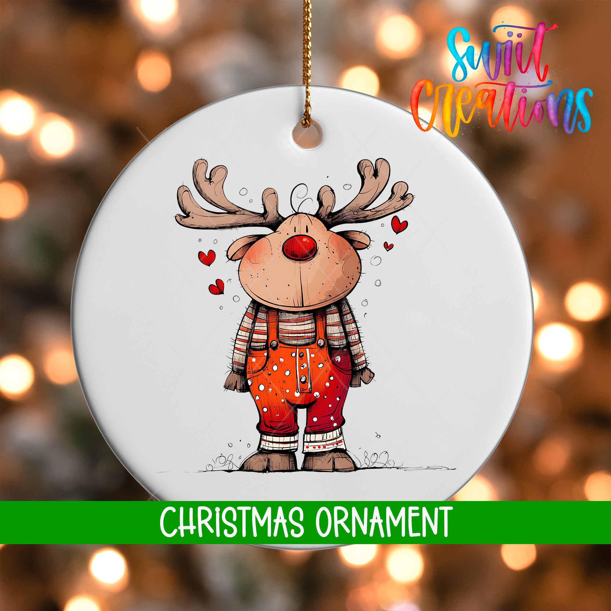 A white Christmas ornament featuring a cartoon reindeer with antlers and a red nose, surrounded by hearts.