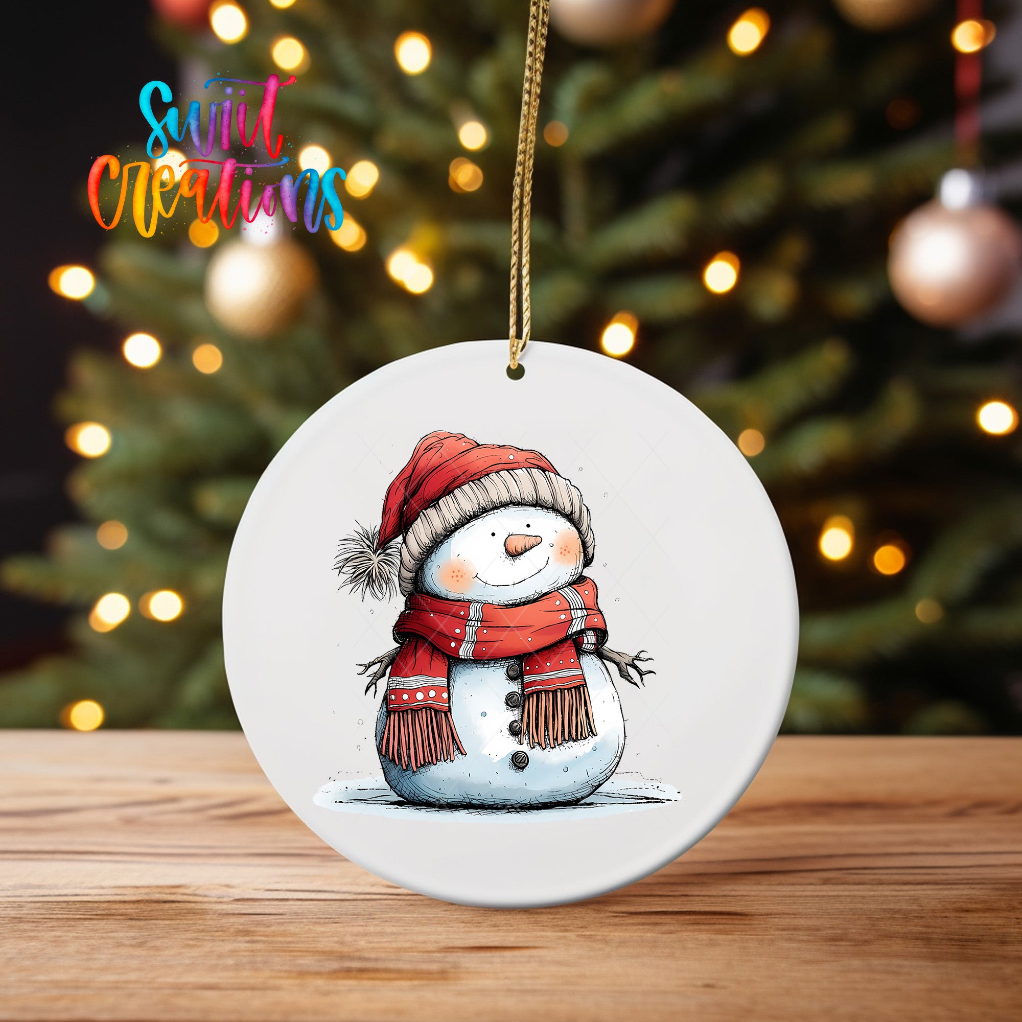 A white ceramic ornament featuring a snowman wearing a red scarf and hat, with a background of colorful Christmas lights.