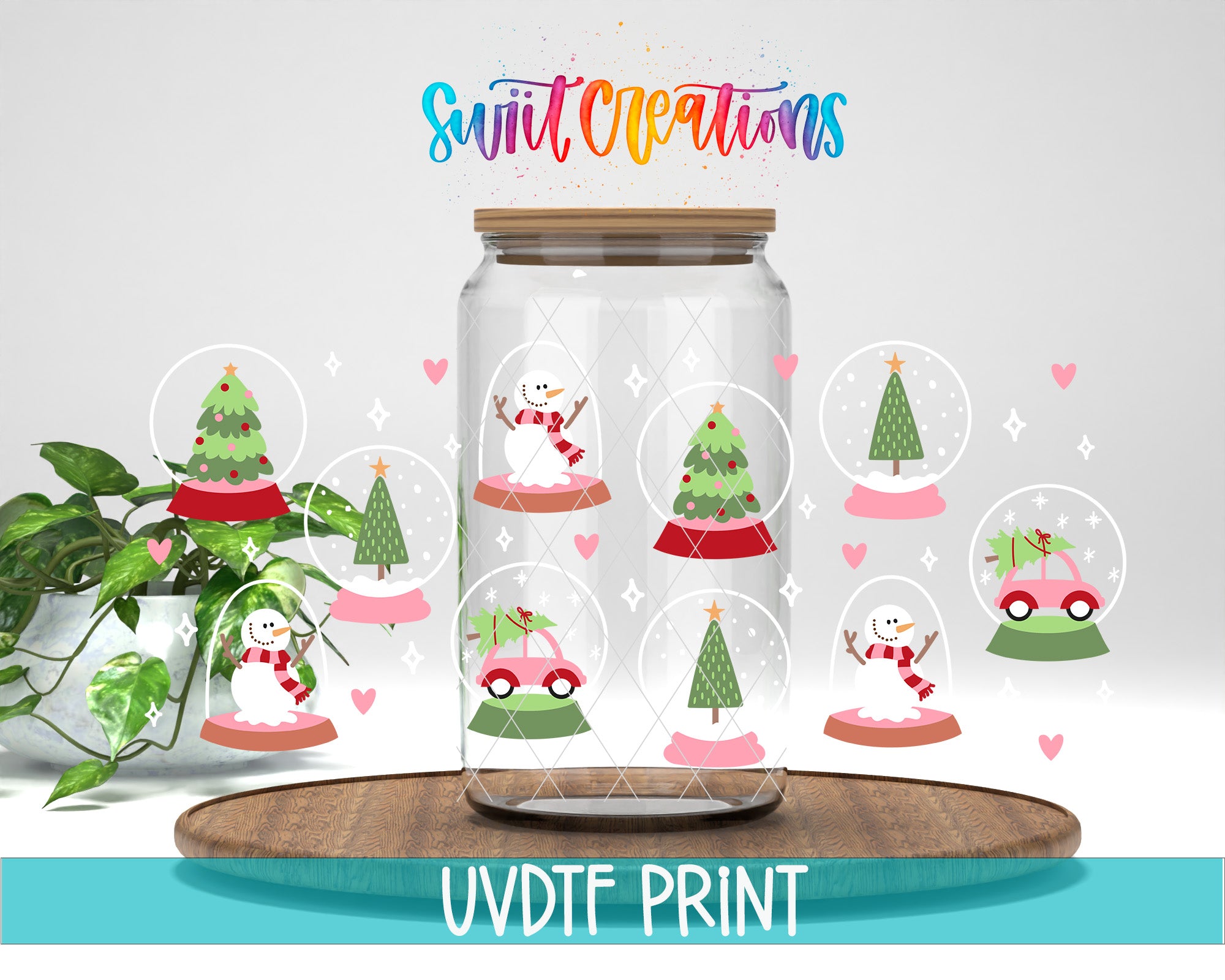 a glass jar filled with snowmen and trees
