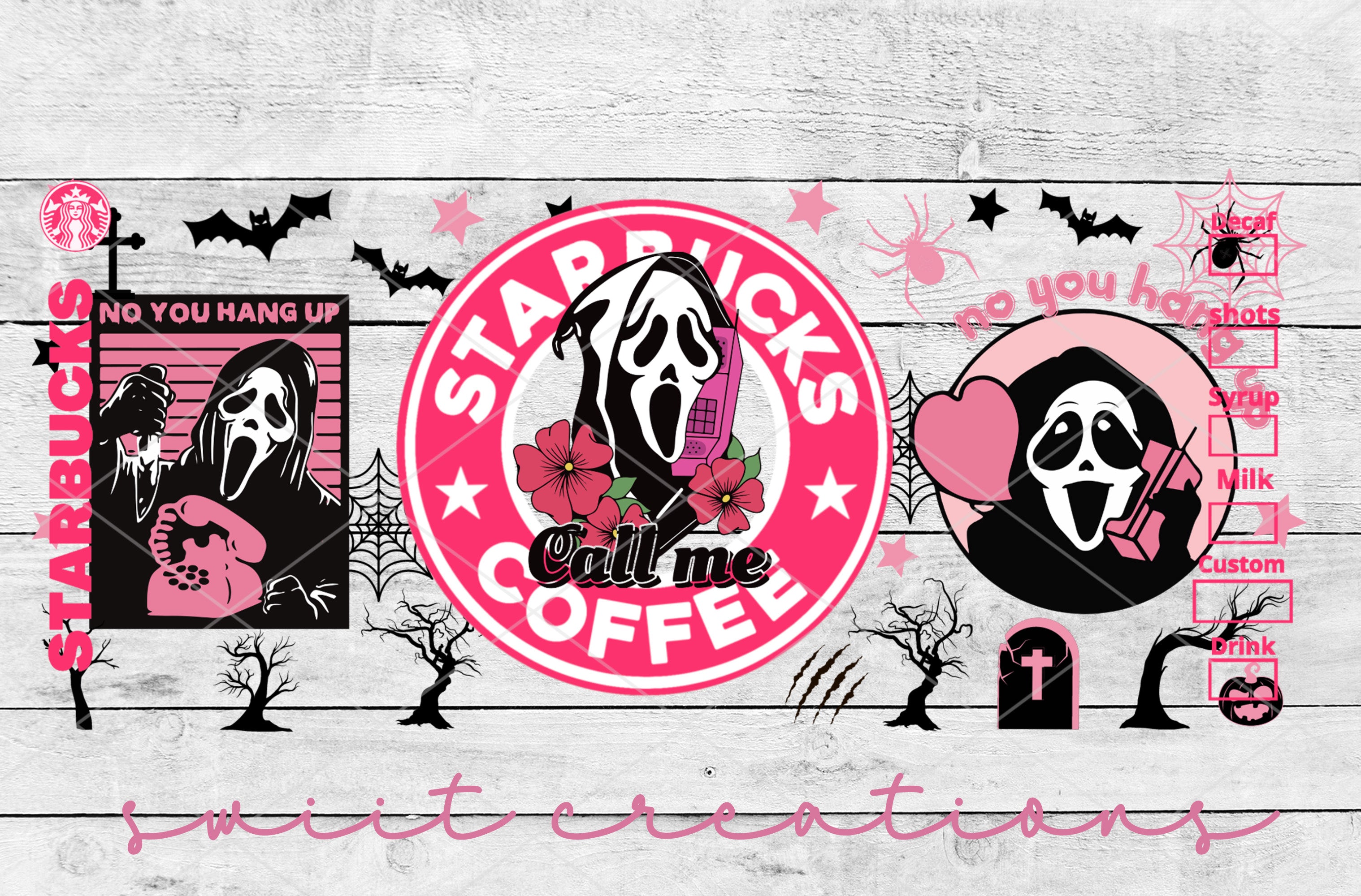 a pink and black sticker with a picture of a skeleton holding a cup of