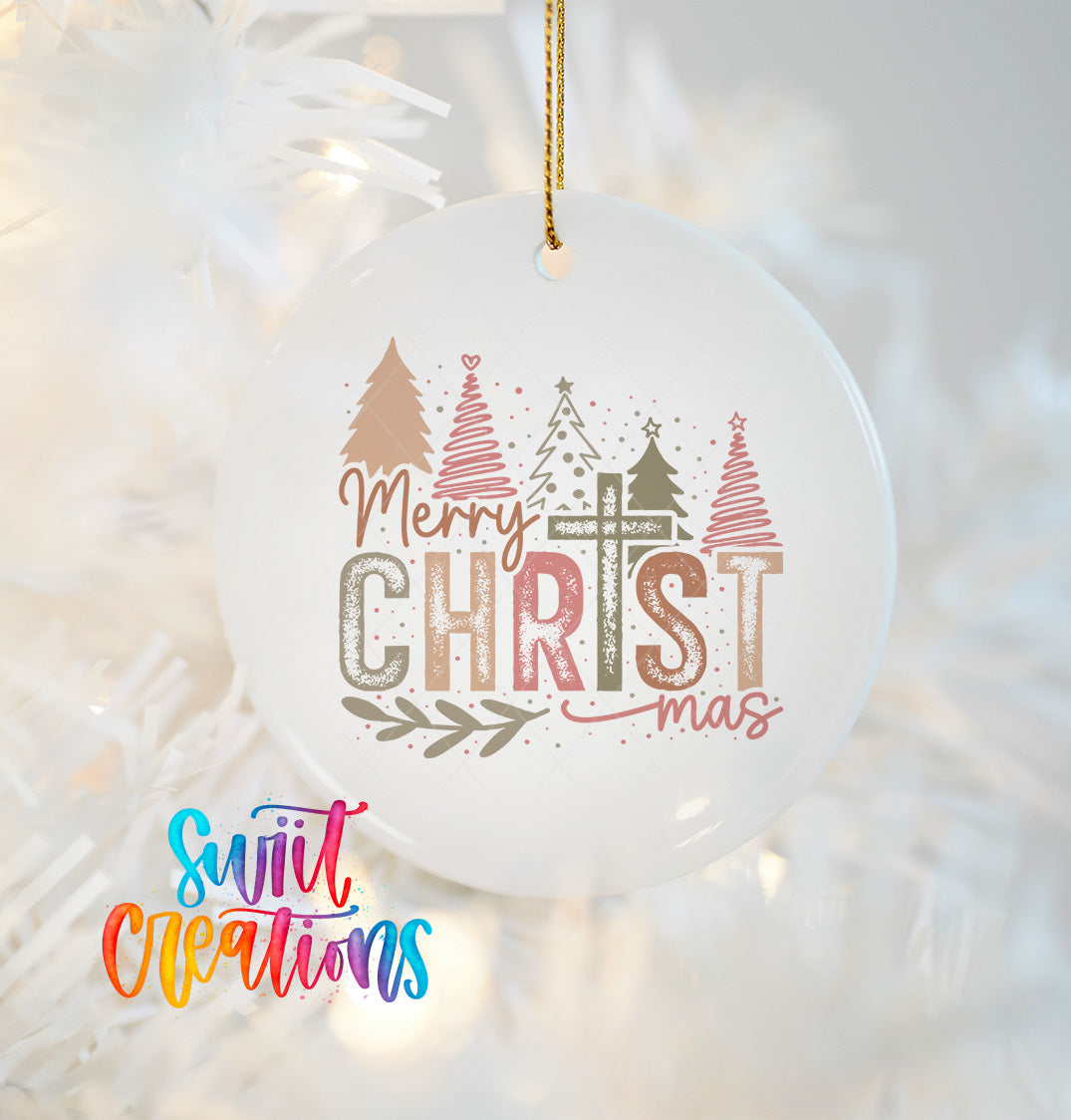 A white Christmas ornament with the text "Merry Christmas" and a design of Christmas trees.