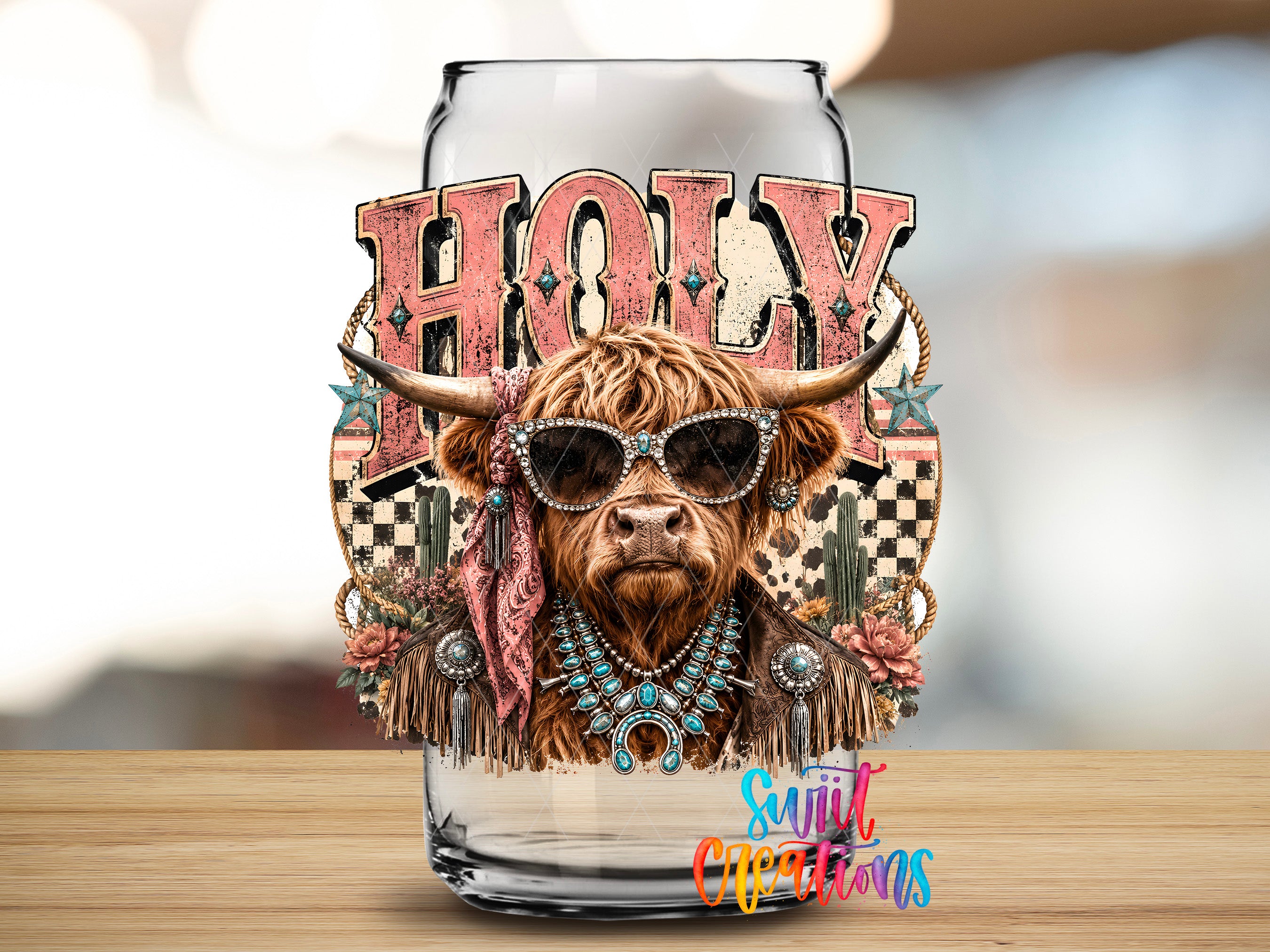 A glass jar with a cow wearing sunglasses and jewelry, surrounded by decorative elements such as flowers and a checkered pattern.