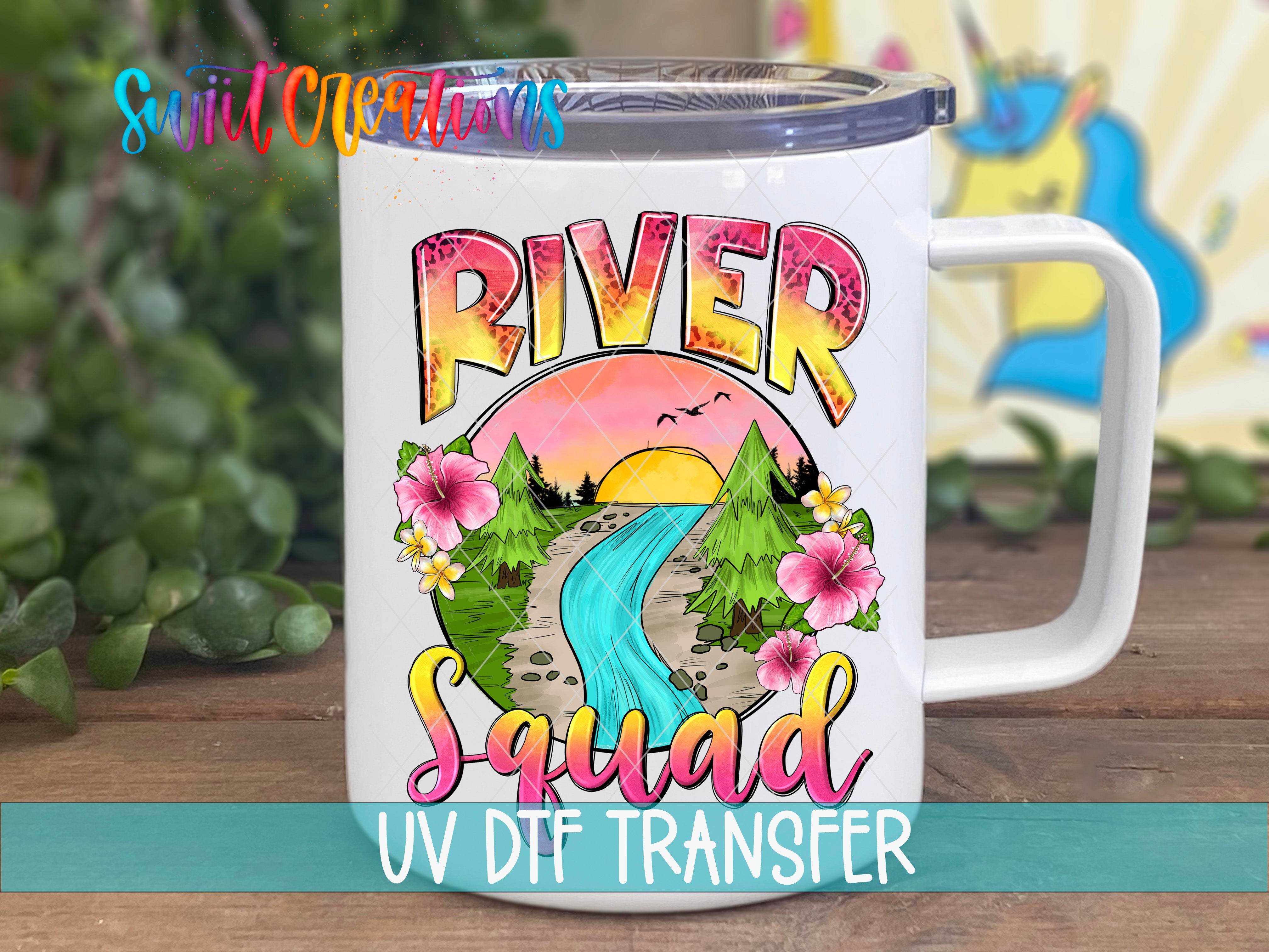 Swiit Creations UV DTF River Squad transfer displayed on a white coffee mug