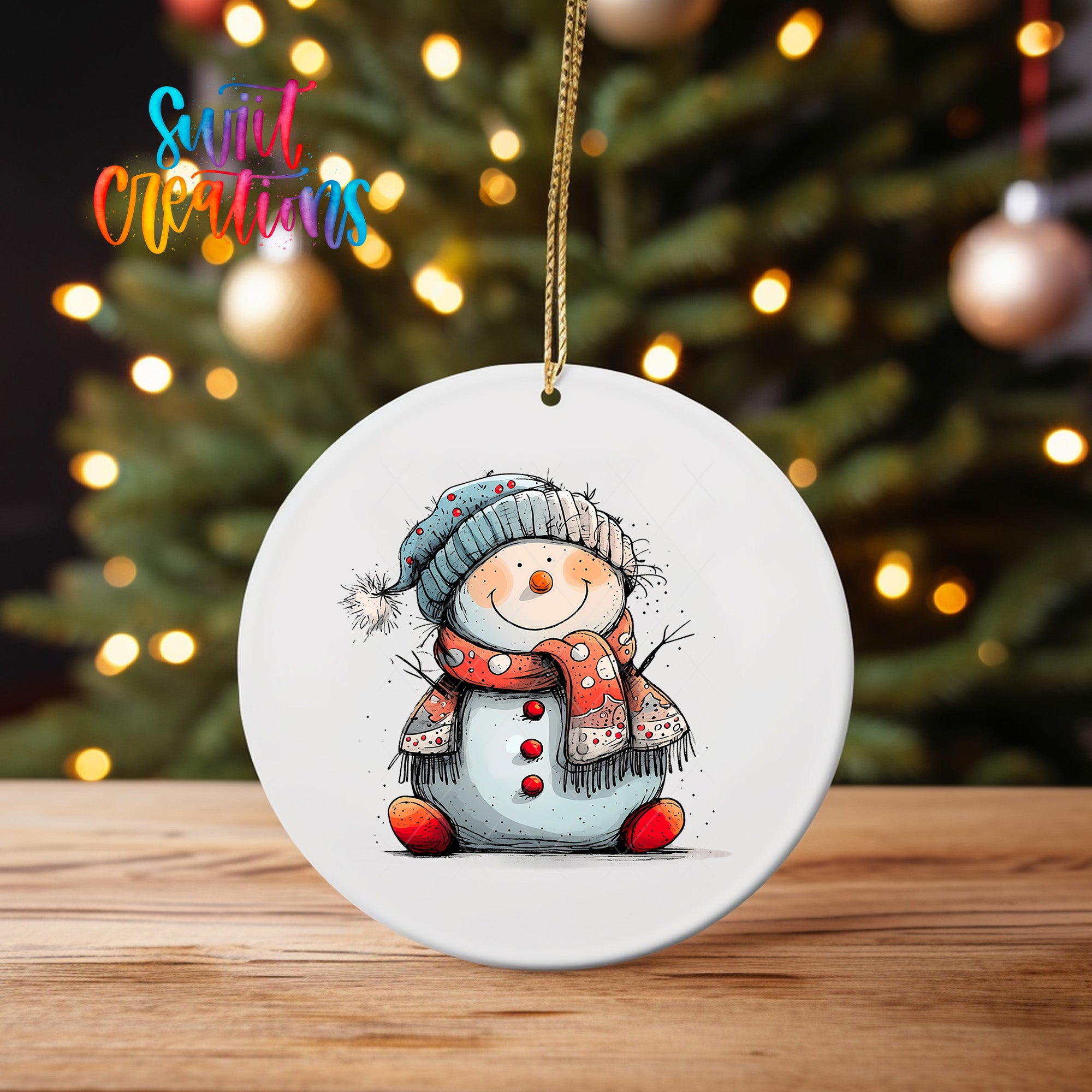 A white ceramic ornament featuring a cheerful snowman with a scarf and hat, sitting on a wooden surface in front of a blurred Christmas tree with twinkling lights.