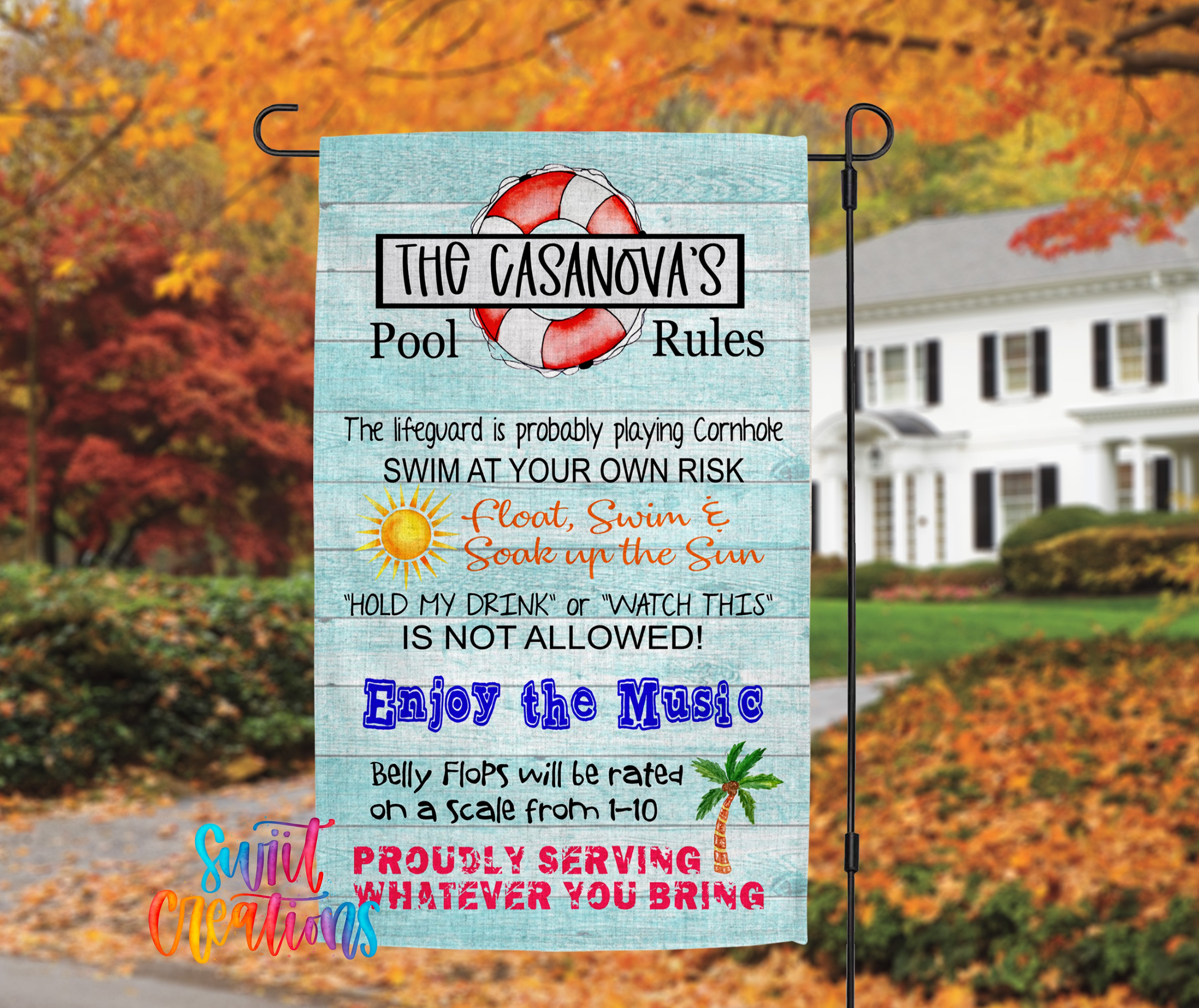 a sign with a beach theme, including a lifeguard, pool rules, and a beach umbrella.
