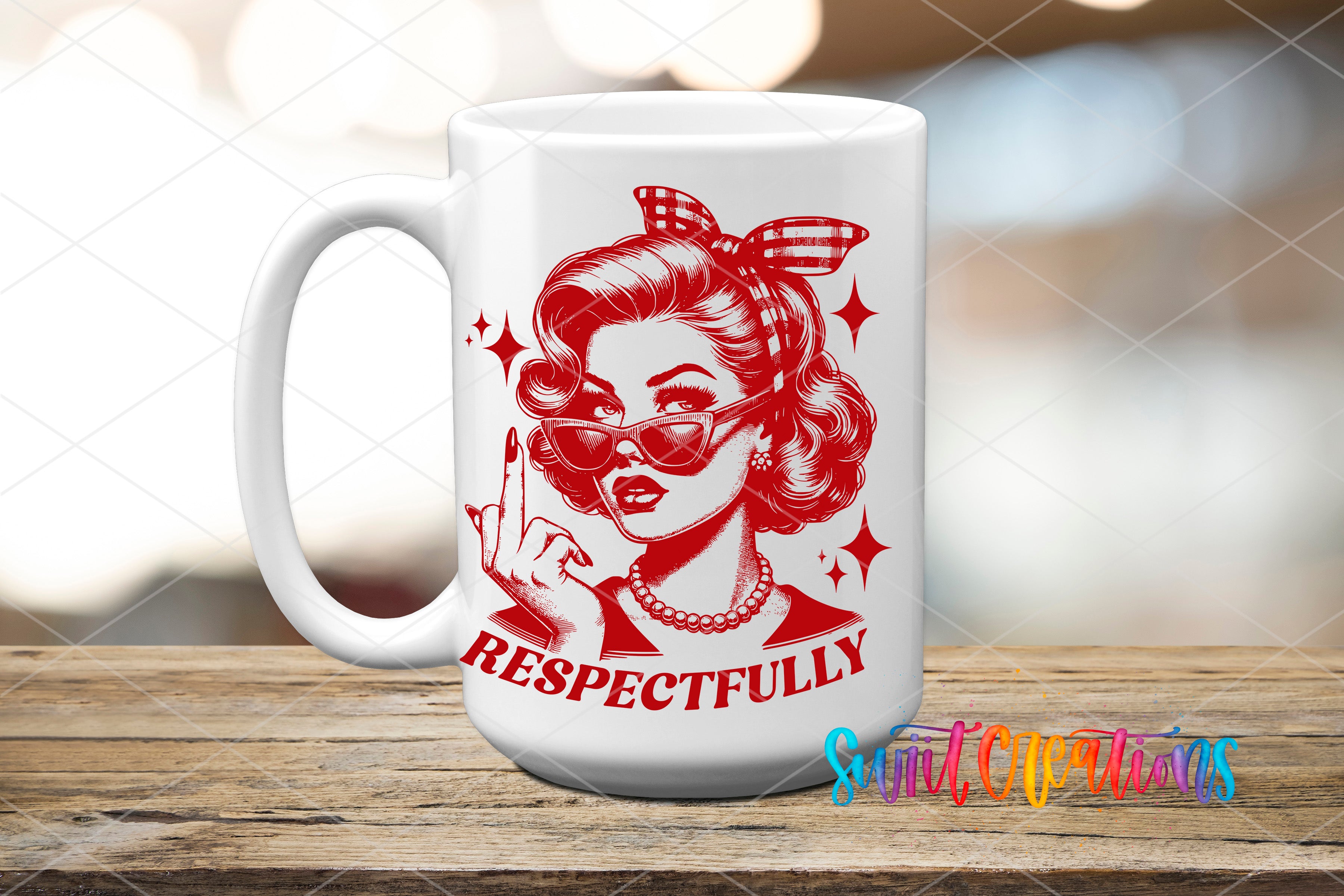 Swiit Creations UV DTF Respectfully Retro Pin Up transfer applied to a white ceramic mug