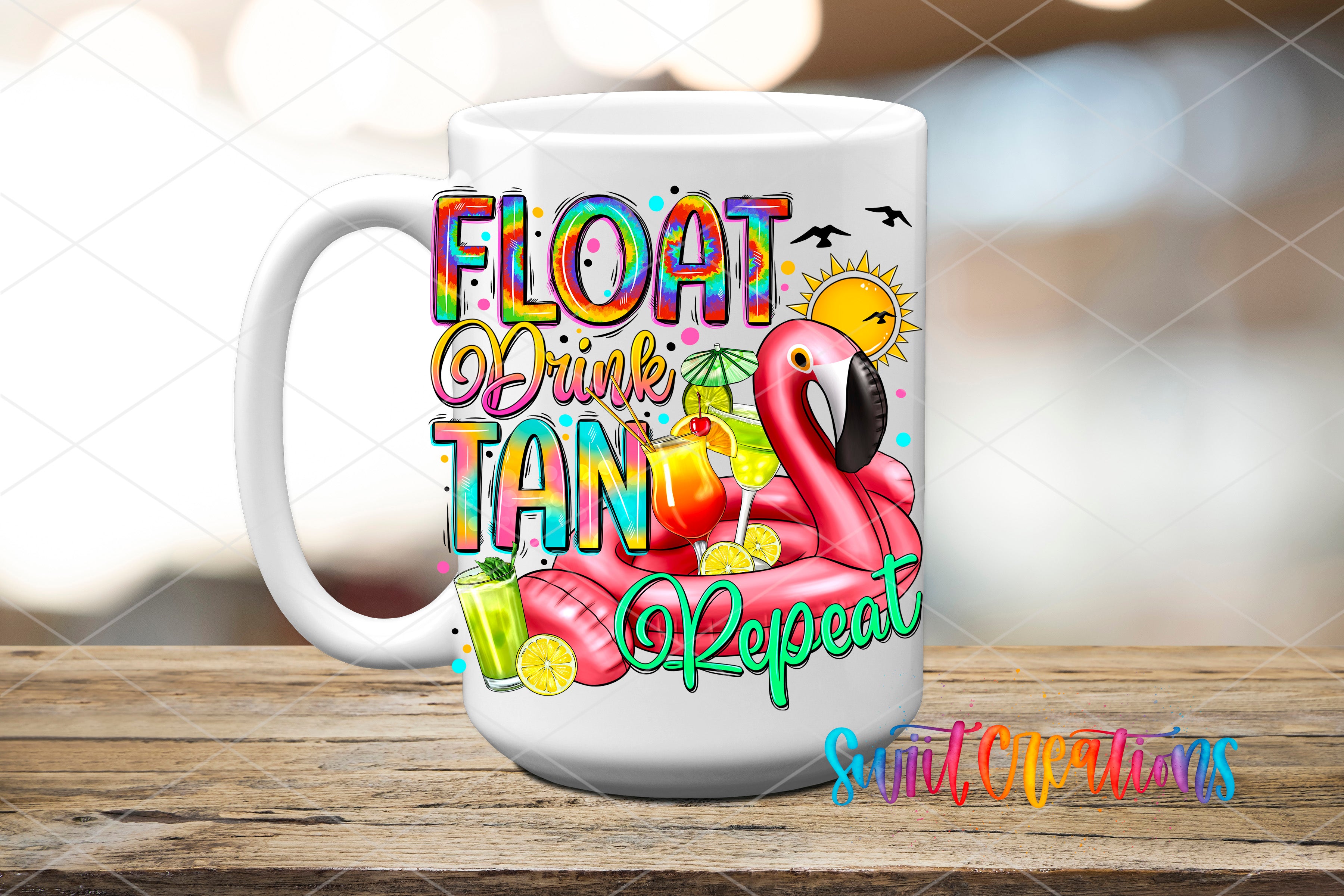 Swiit Creations UV DTF Float Drink Tan Repeat transfer applied to a white ceramic mug