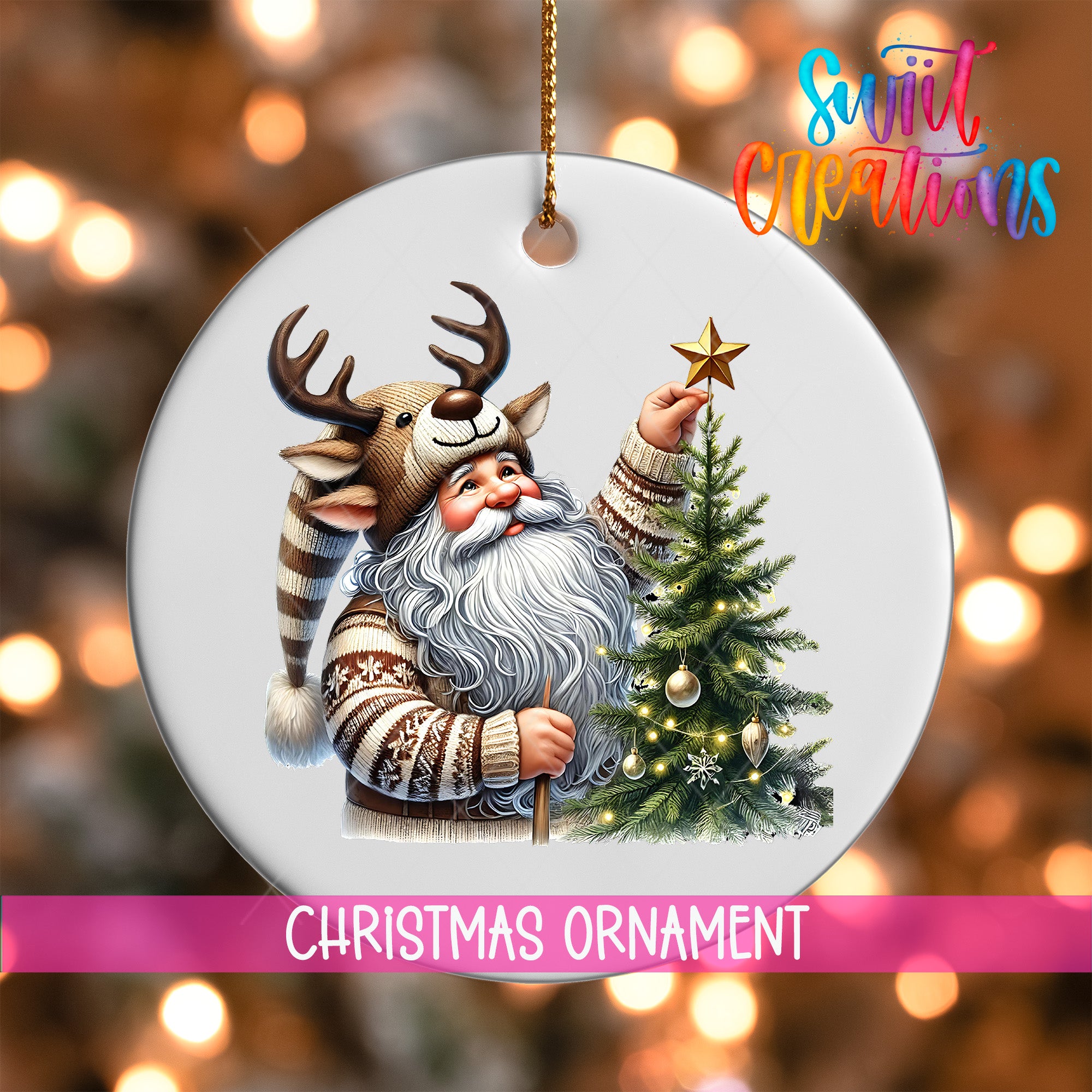 Santa Claus decorating a Christmas tree with a star and a reindeer ornament.