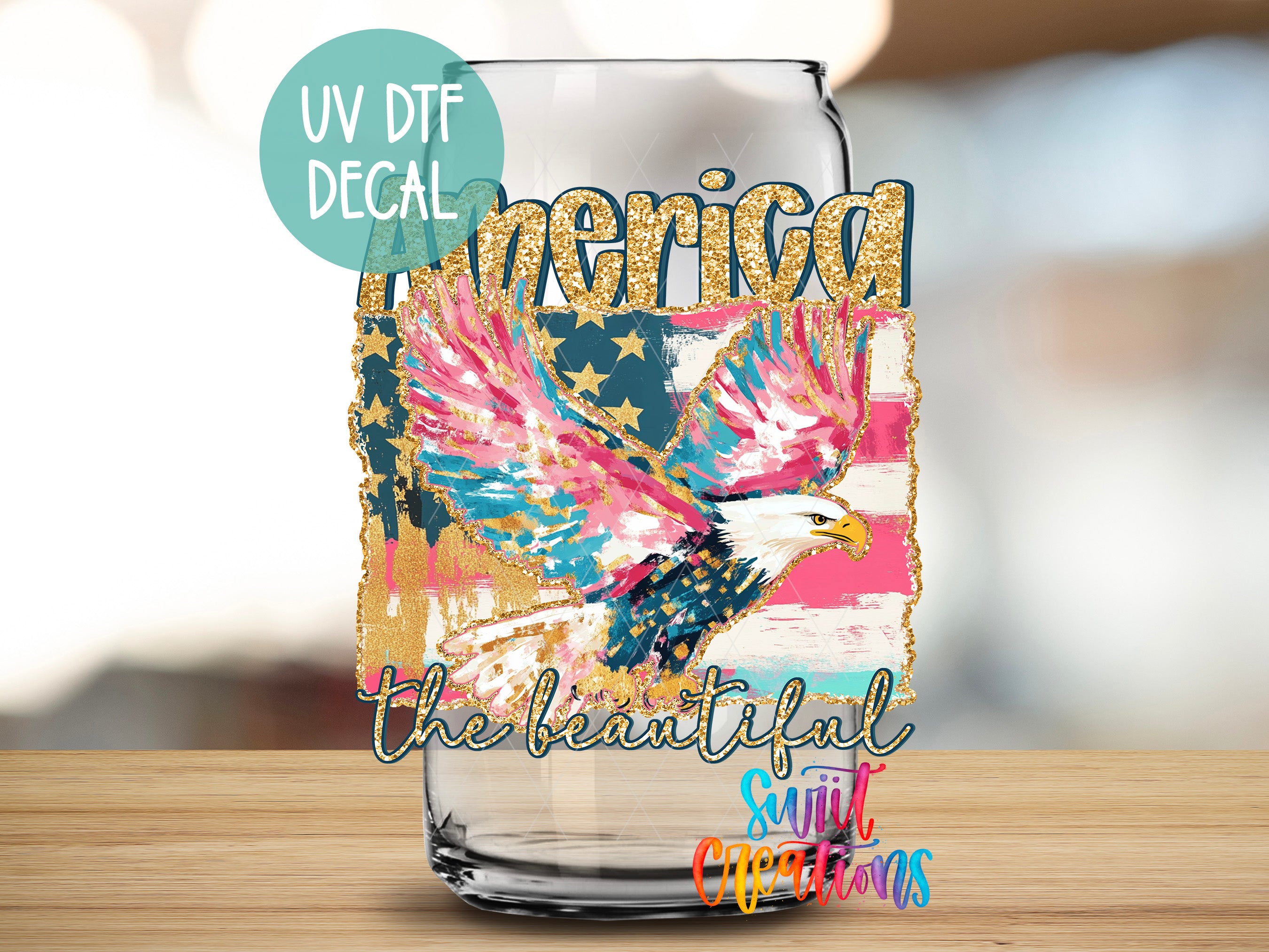 a glass jar with a vibrant and colorful design, including an eagle and an American flag. The jar is labeled with the text "America" and "The beautiful sunlit Christmas" in a stylized font.
