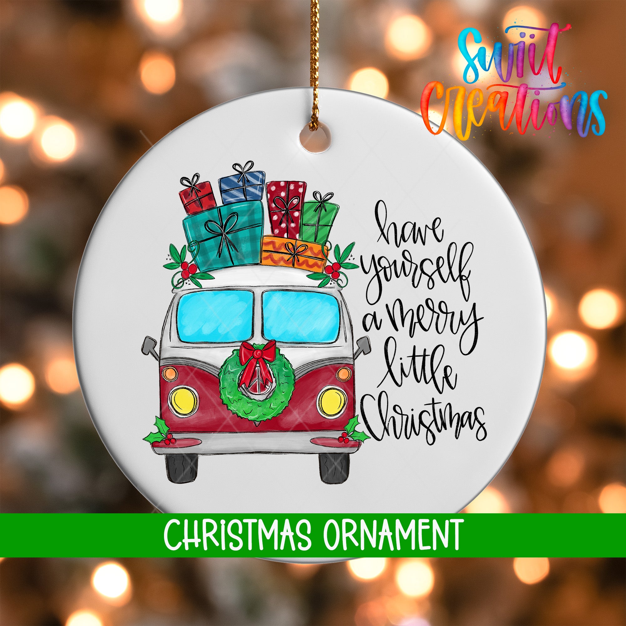 A Christmas ornament featuring a red and white van decorated with a wreath and presents, with the text "Have yourself a merry little Christmas" written on it.