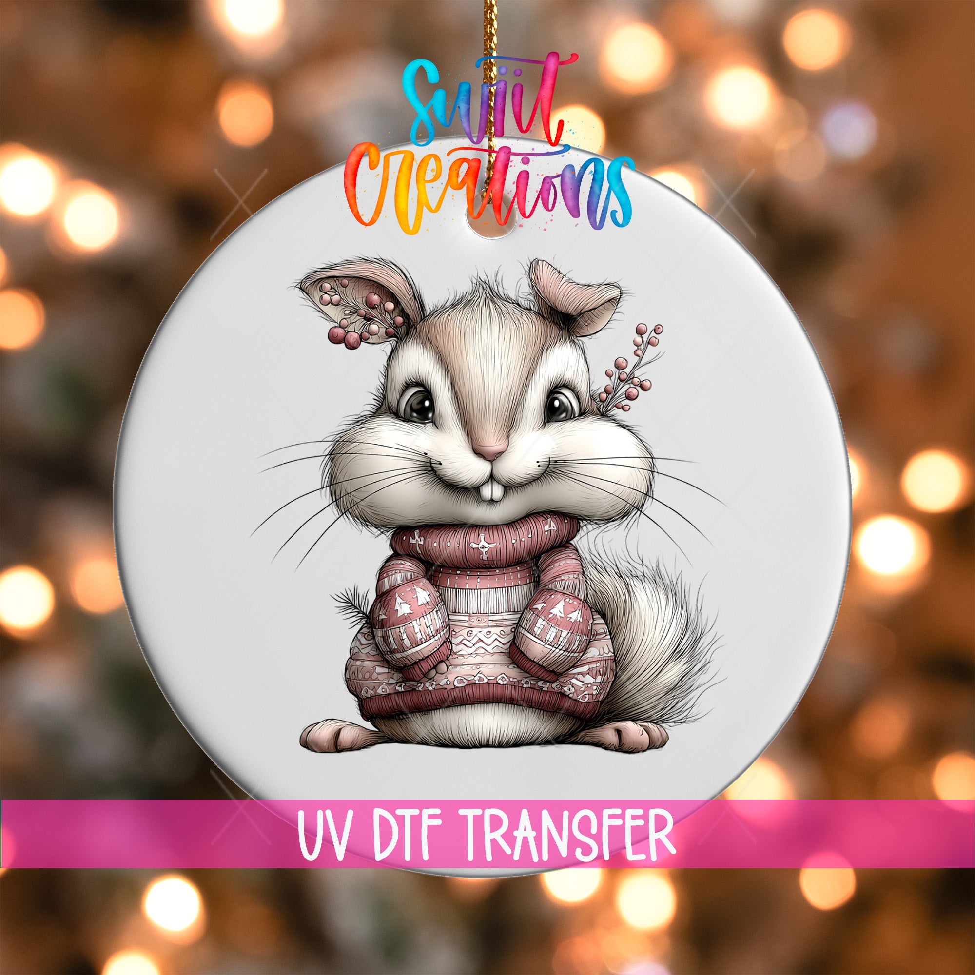A ceramic ornament featuring a cute cartoon rabbit wearing a sweater and holding a flower.
