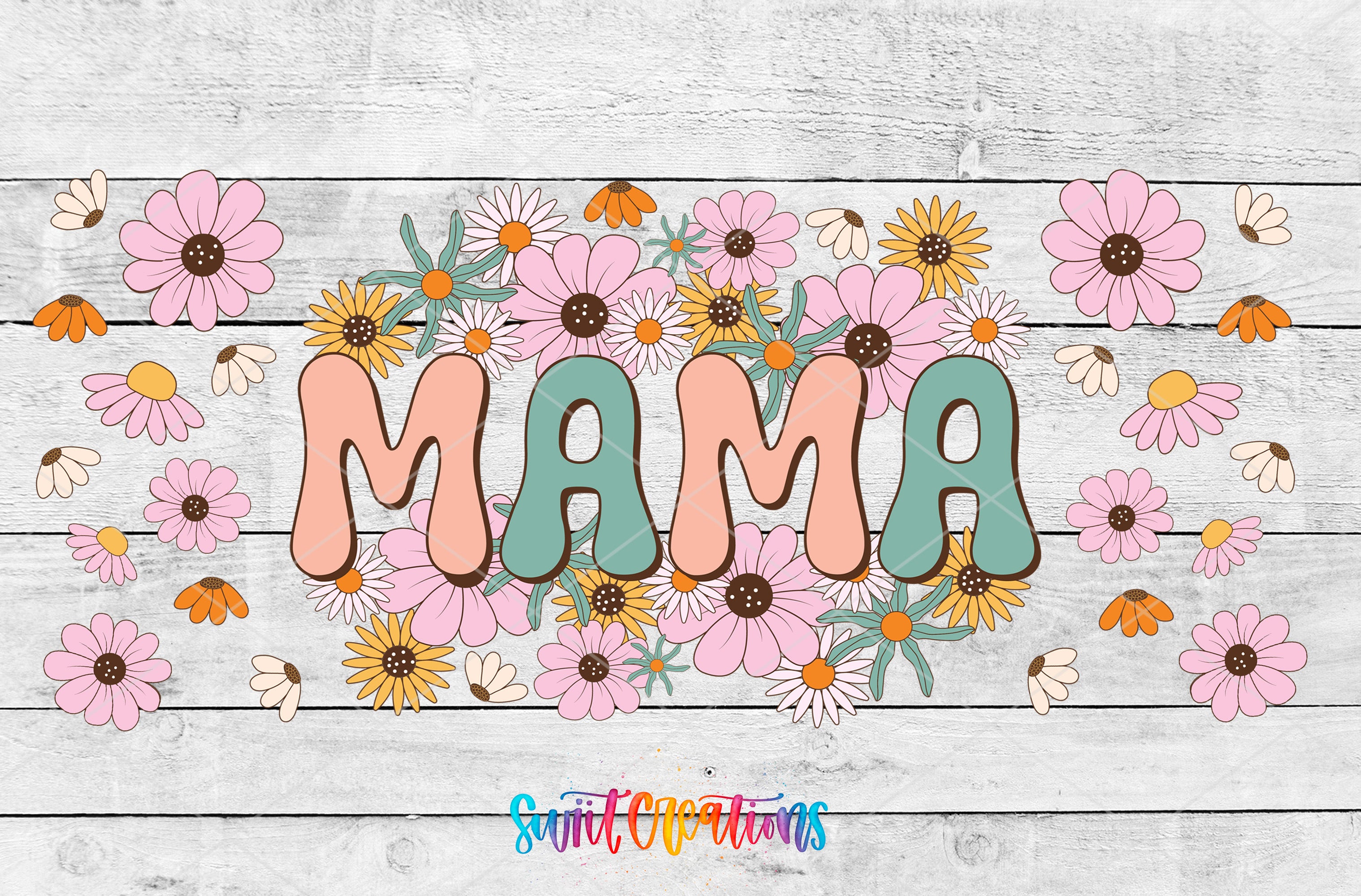 a colorful floral design with the word "Mama" prominently displayed in the center. Surrounding the word are various flowers in shades of pink, orange, and yellow, creating a vibrant and cheerful composition.
