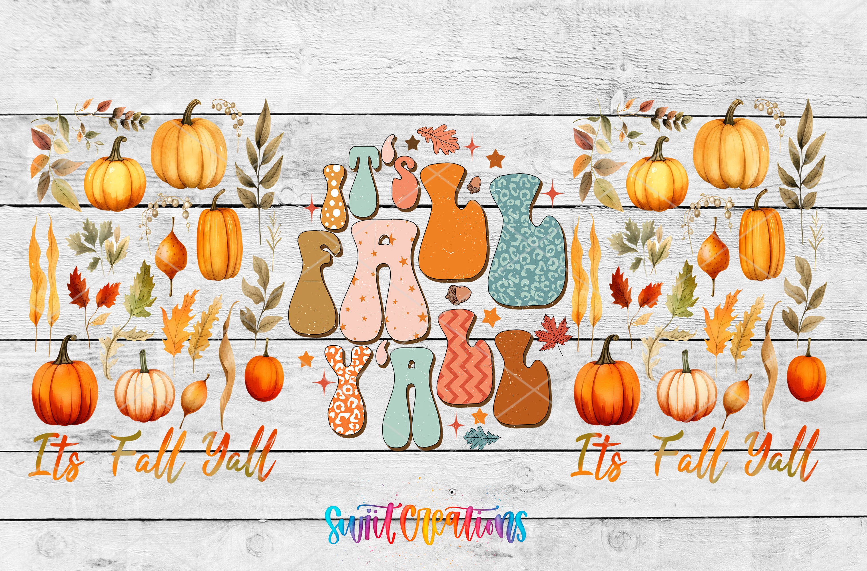 The image is a collage of various fall-themed elements, including pumpkins, leaves, and text. The text "It's Fall Yell" is prominently displayed in the center, surrounded by the fall-themed elements.