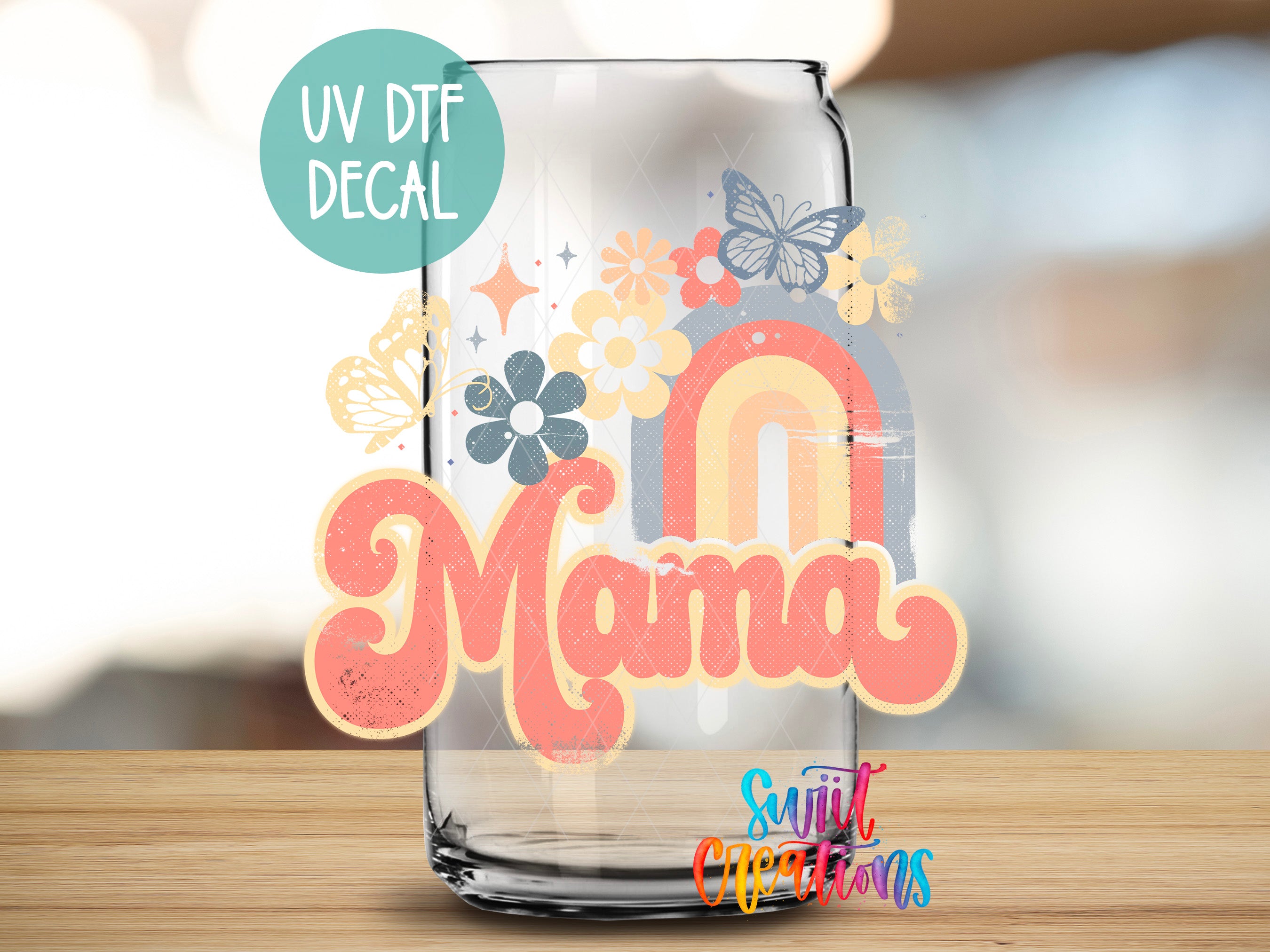 A glass jar with a UV decal featuring a colorful, retro-style design with flowers, butterflies, and a rainbow.