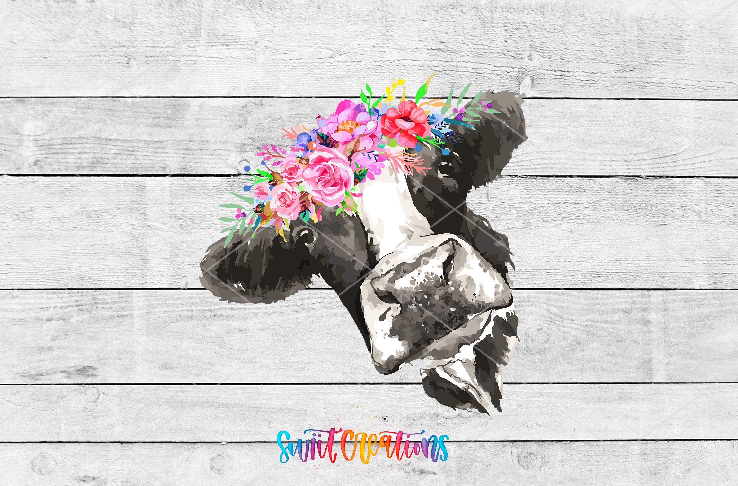 Swiit Creations UV DTF pink floral cow transfer as a full artwork preview