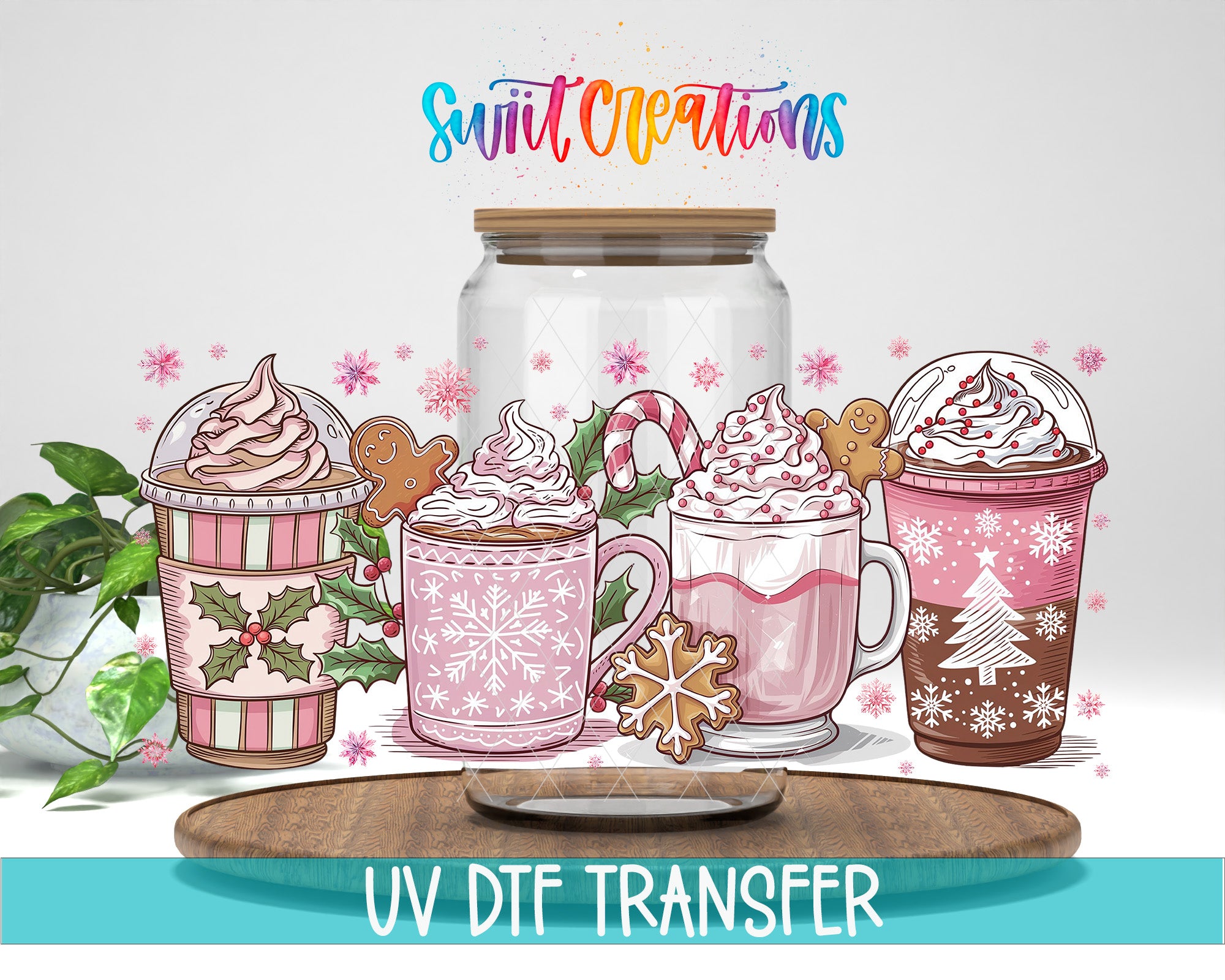 a collection of colorful and whimsical illustrations of hot beverages, including mugs and cups, along with festive decorations like gingerbread men and snowflakes. The text "Swift Creations" is written above the illustrations, and "UV Dtf Transfer" is written at the bottom of the image.