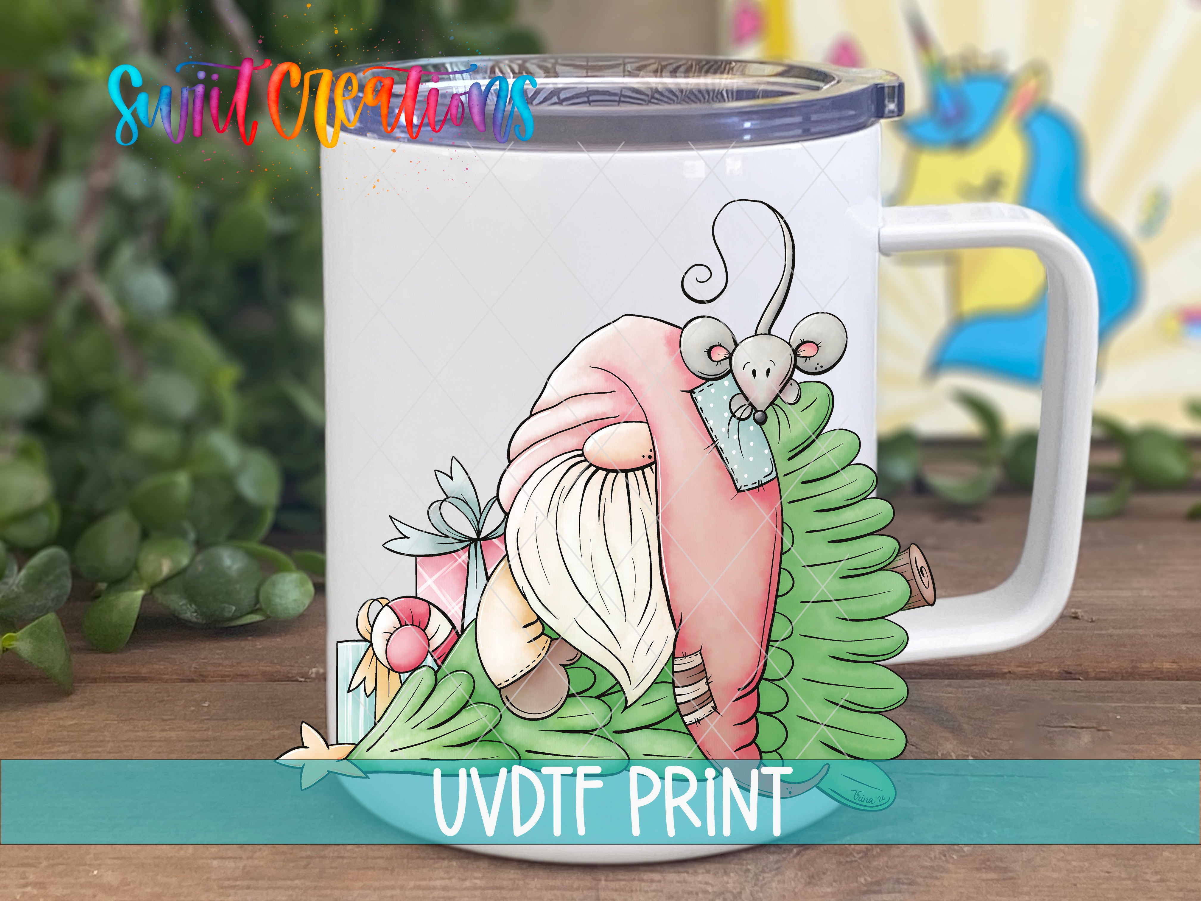 a white coffee mug with a picture of a gnome on it