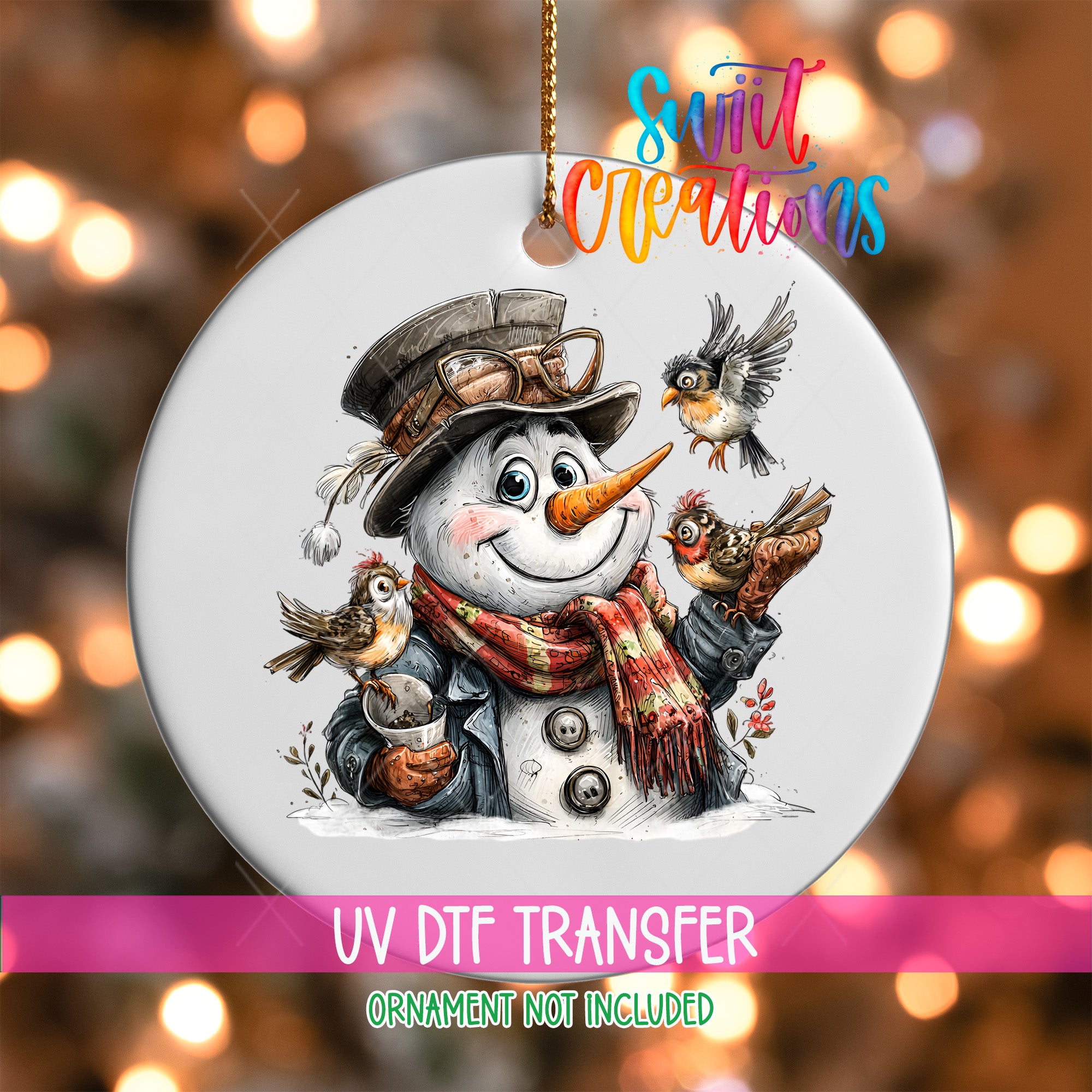 A snowman ornament with a bird perched on its nose, surrounded by other birds, against a blurred background of Christmas lights.