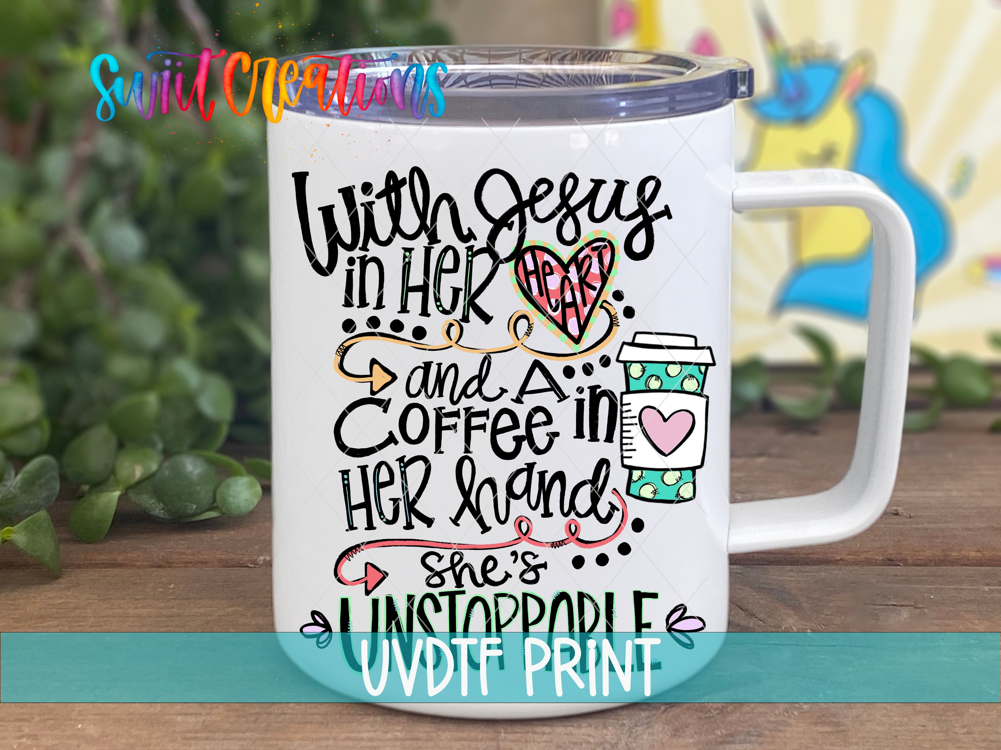 a white coffee mug with the words unto jesus in her heart and coffee in her