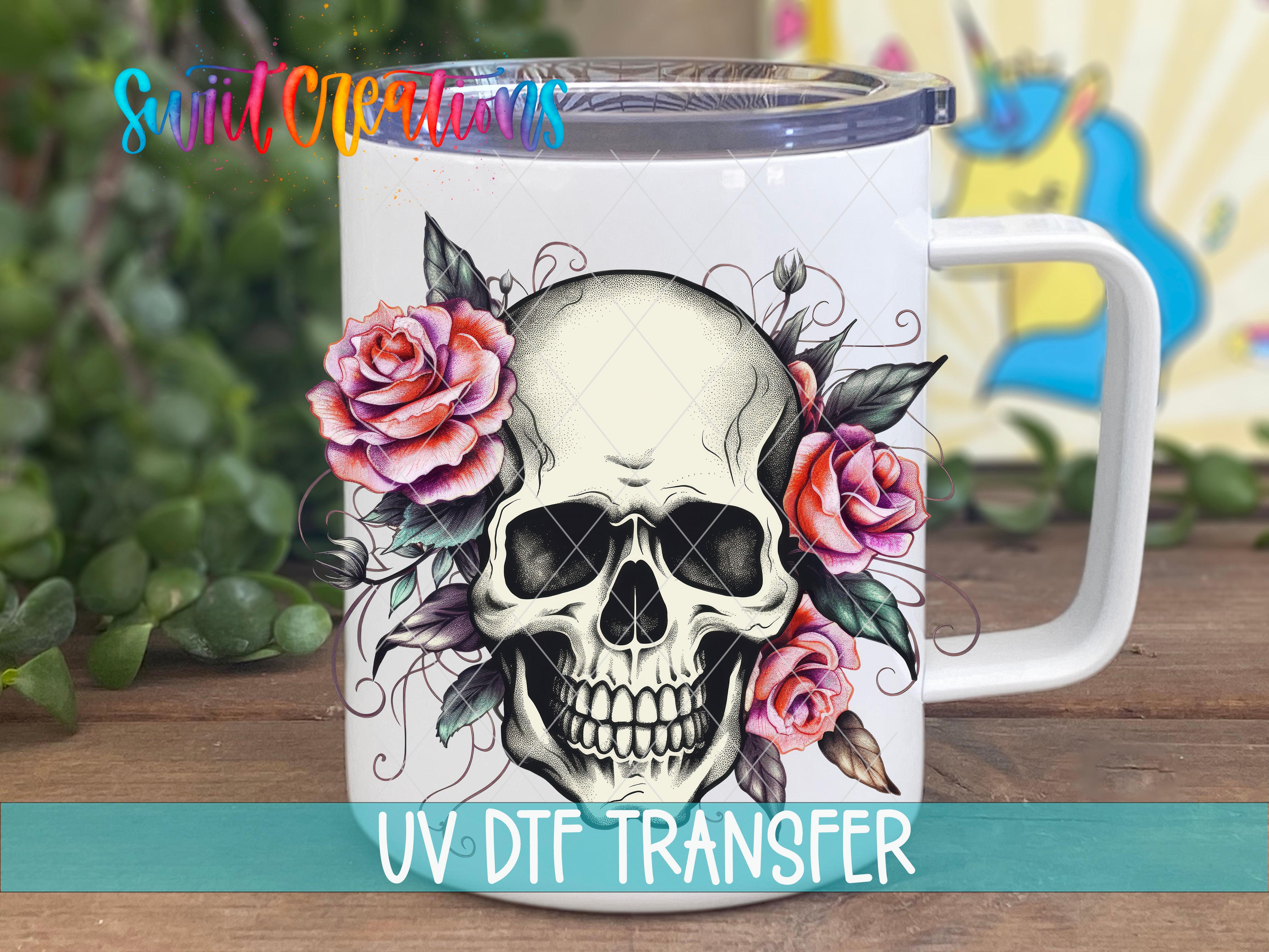 Swiit Creations UV DTF Pink Floral Skull transfer displayed on a white coffee mug
