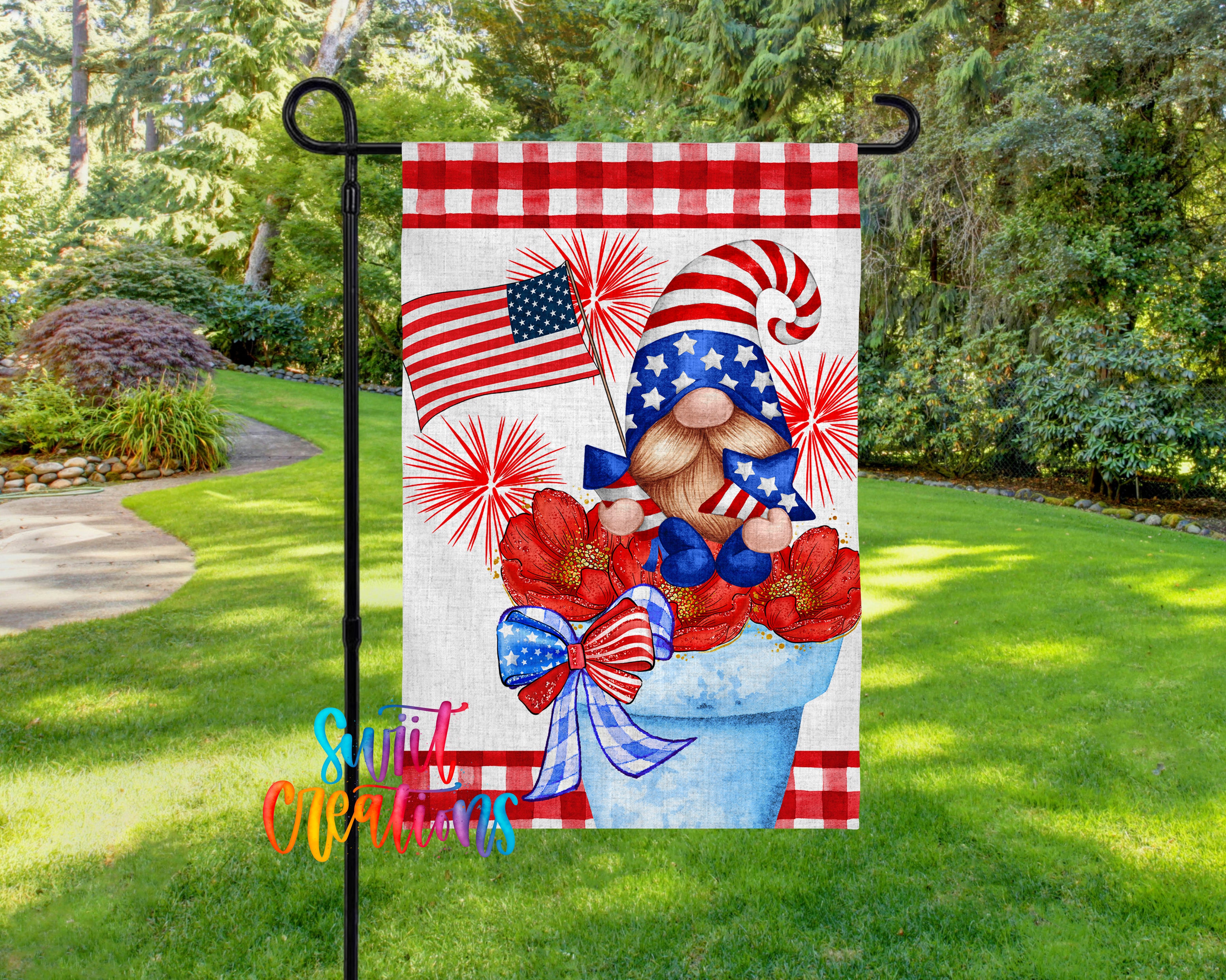 A patriotic flag featuring a gnome wearing a hat with an American flag and fireworks, set against a red and white checkered background.