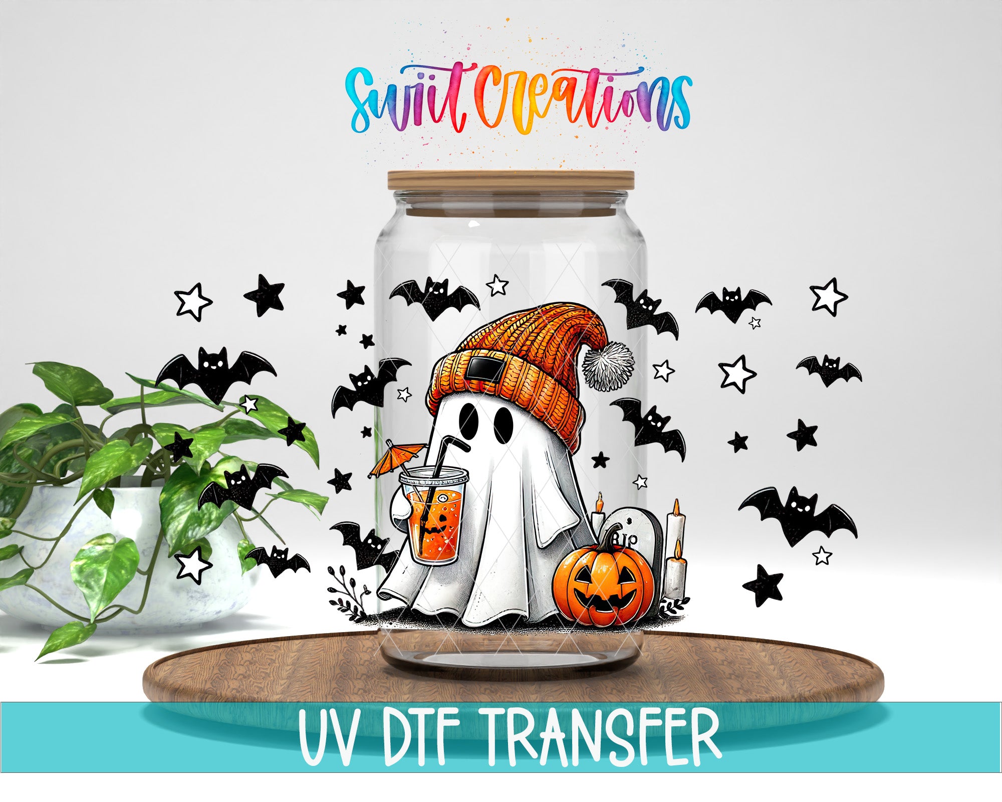 A Halloween-themed illustration of a ghost wearing a hat and holding a pumpkin, surrounded by bats and stars, inside a glass jar.