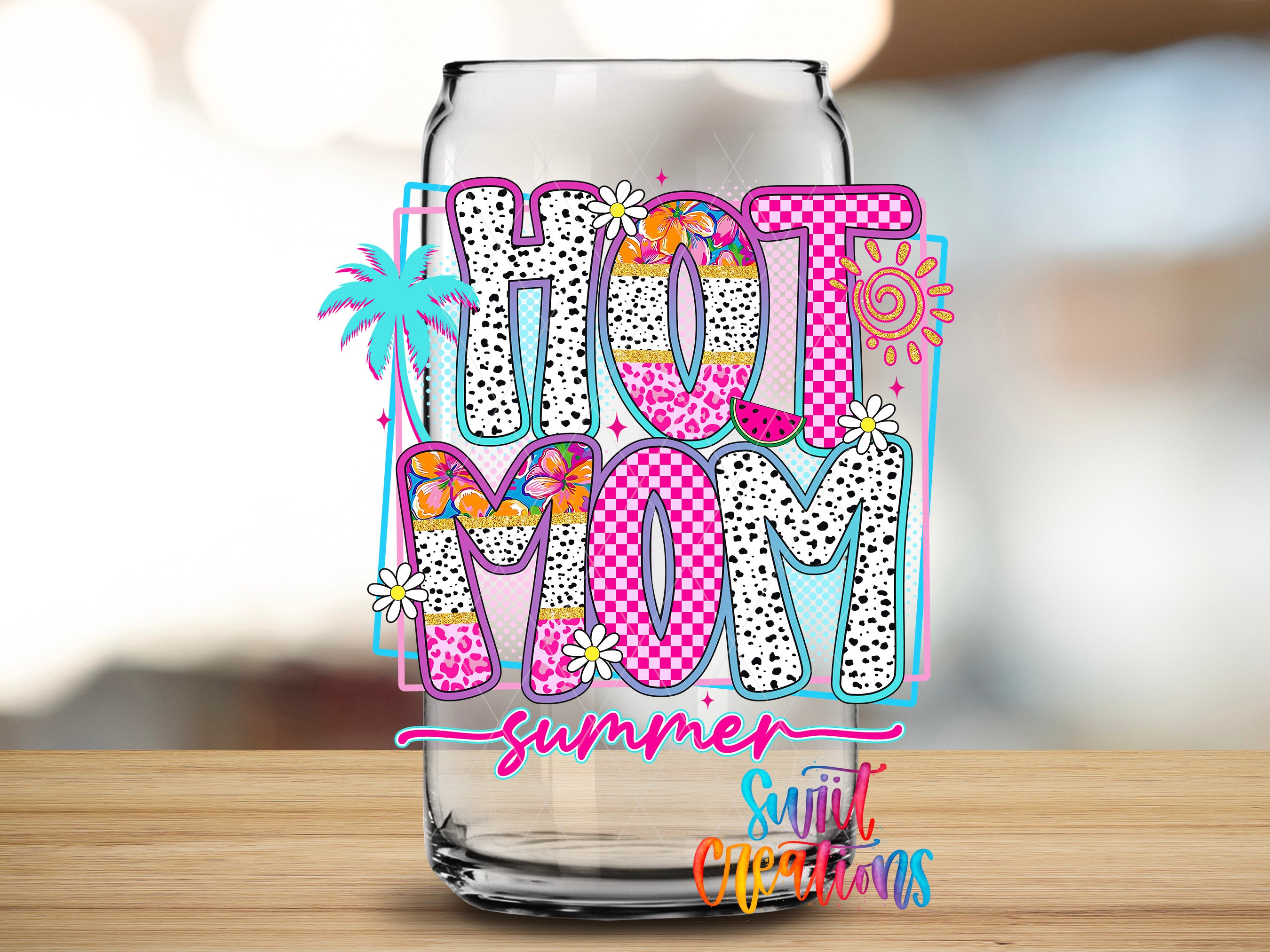 A glass can with the text "HOT MOM summer" and "Sulti Christmas" printed on it, along with various colorful and decorative elements such as flowers and palm trees.