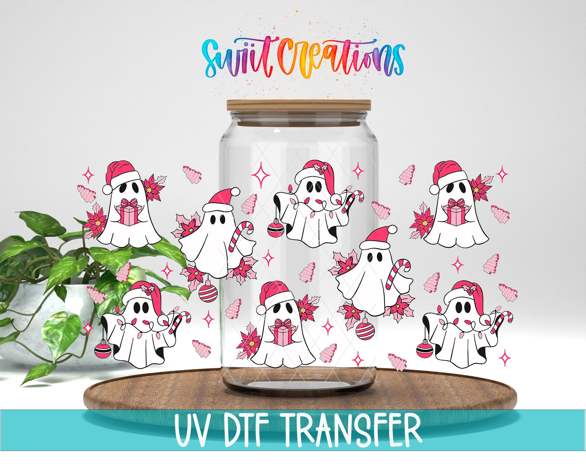 a glass jar with a lid, decorated with various cartoon-style ghost characters wearing Santa hats and holding presents. The jar is placed on a wooden surface, and there is a plant in the background. The image also includes text that says "Swit Creations UV Dtf Transfer".