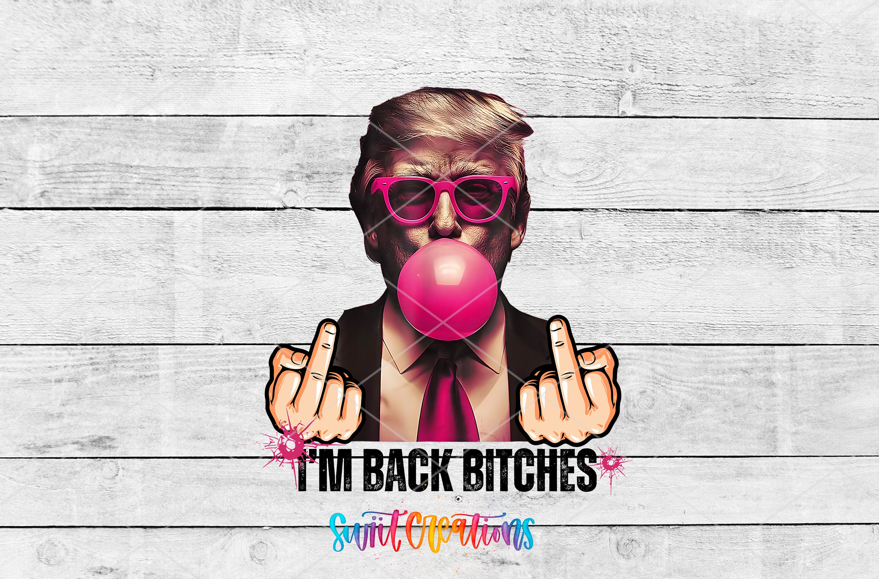 A collage of two images: a man wearing pink sunglasses blowing a bubble and making a peace sign with his fingers, and the text "I'M BACK BITCHES" below the image.