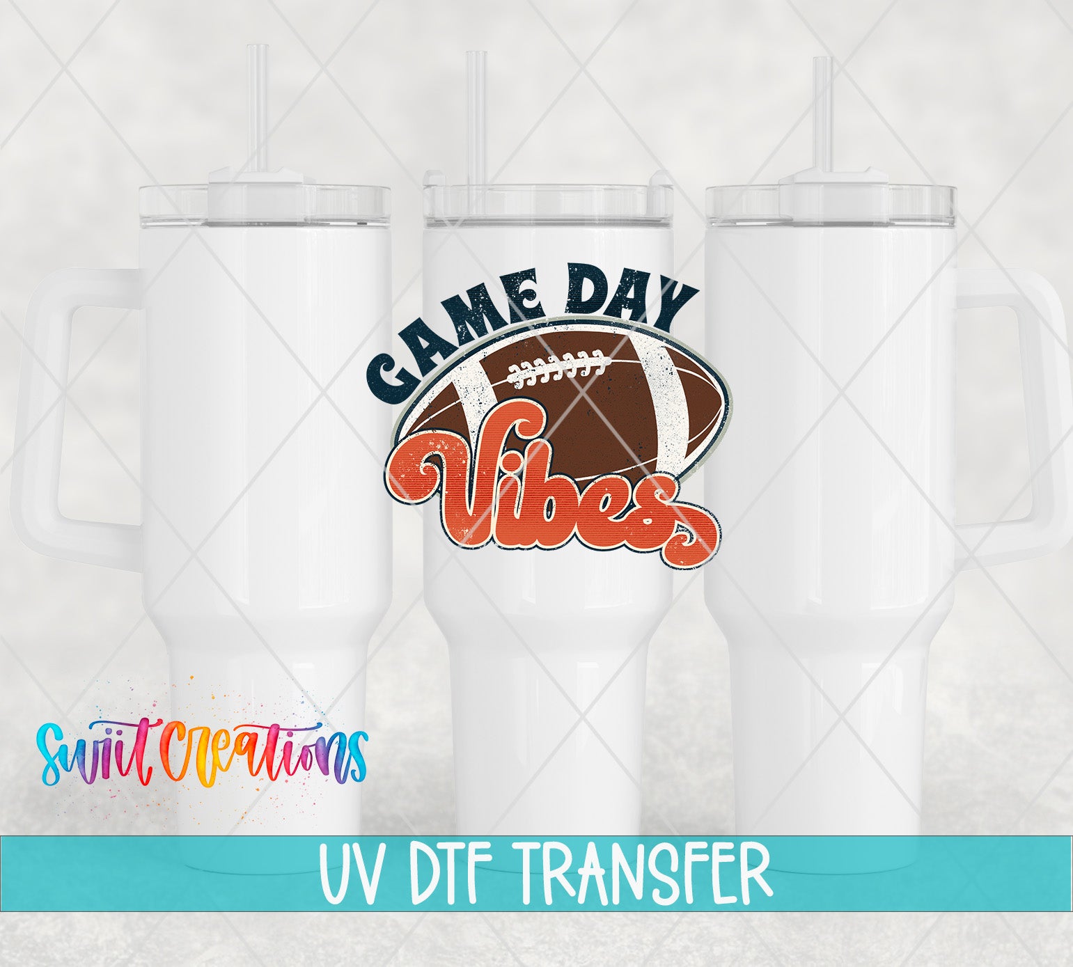 Three white tumblers featuring the Football Game Day Vibes UV DTF transfer by Swiit Creations