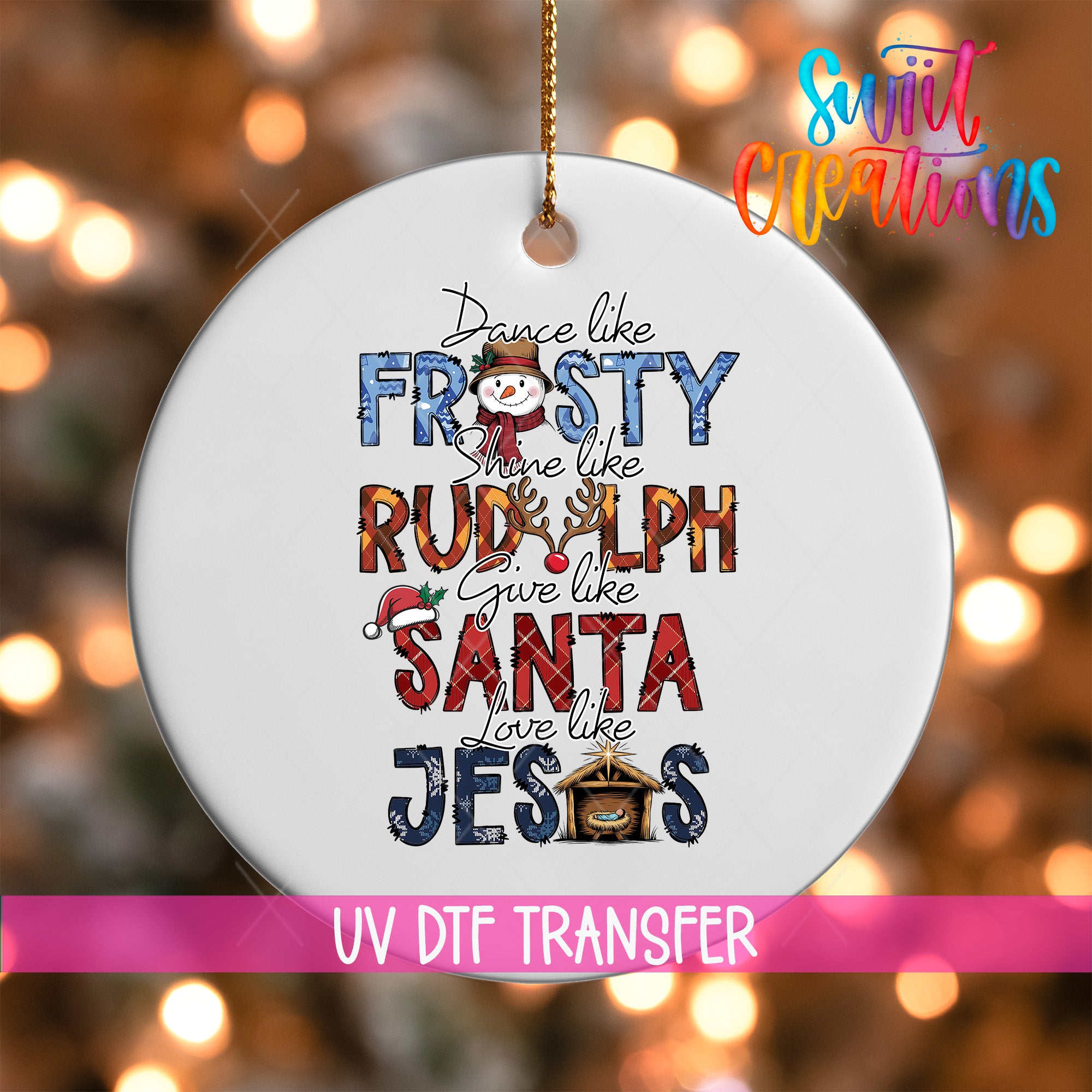 A white ceramic ornament with a festive design featuring Christmas-themed text and imagery.