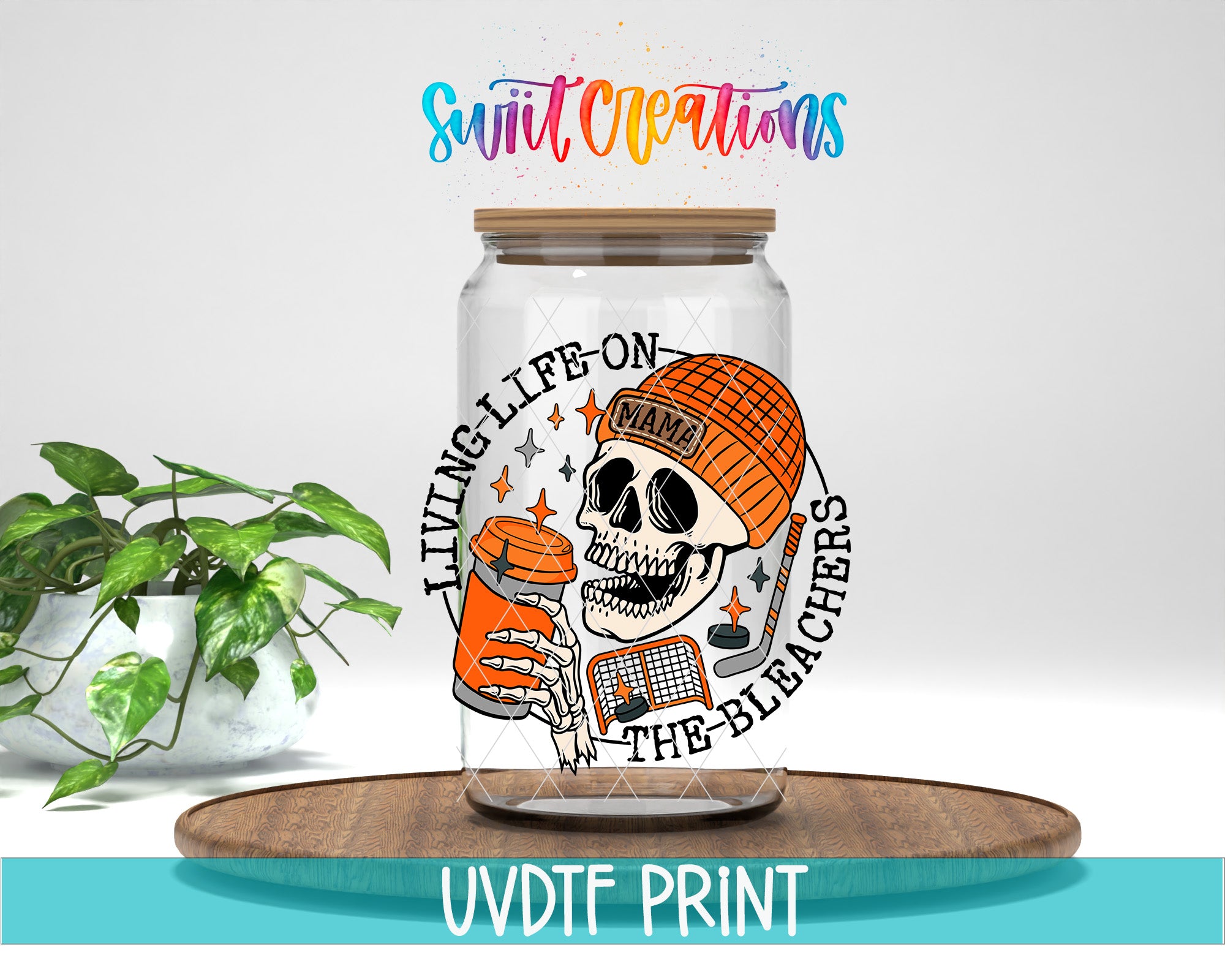 a glass jar with a skull and hockey stick design, along with the text "Living life on the bleachers" and "The bleachers".