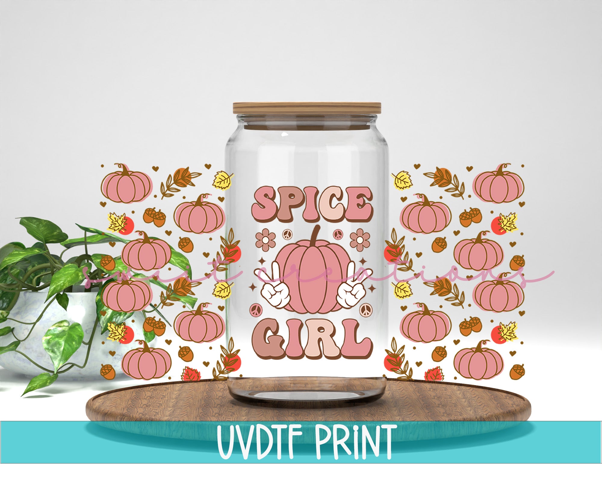 a glass jar with a picture of a pumpkin on it