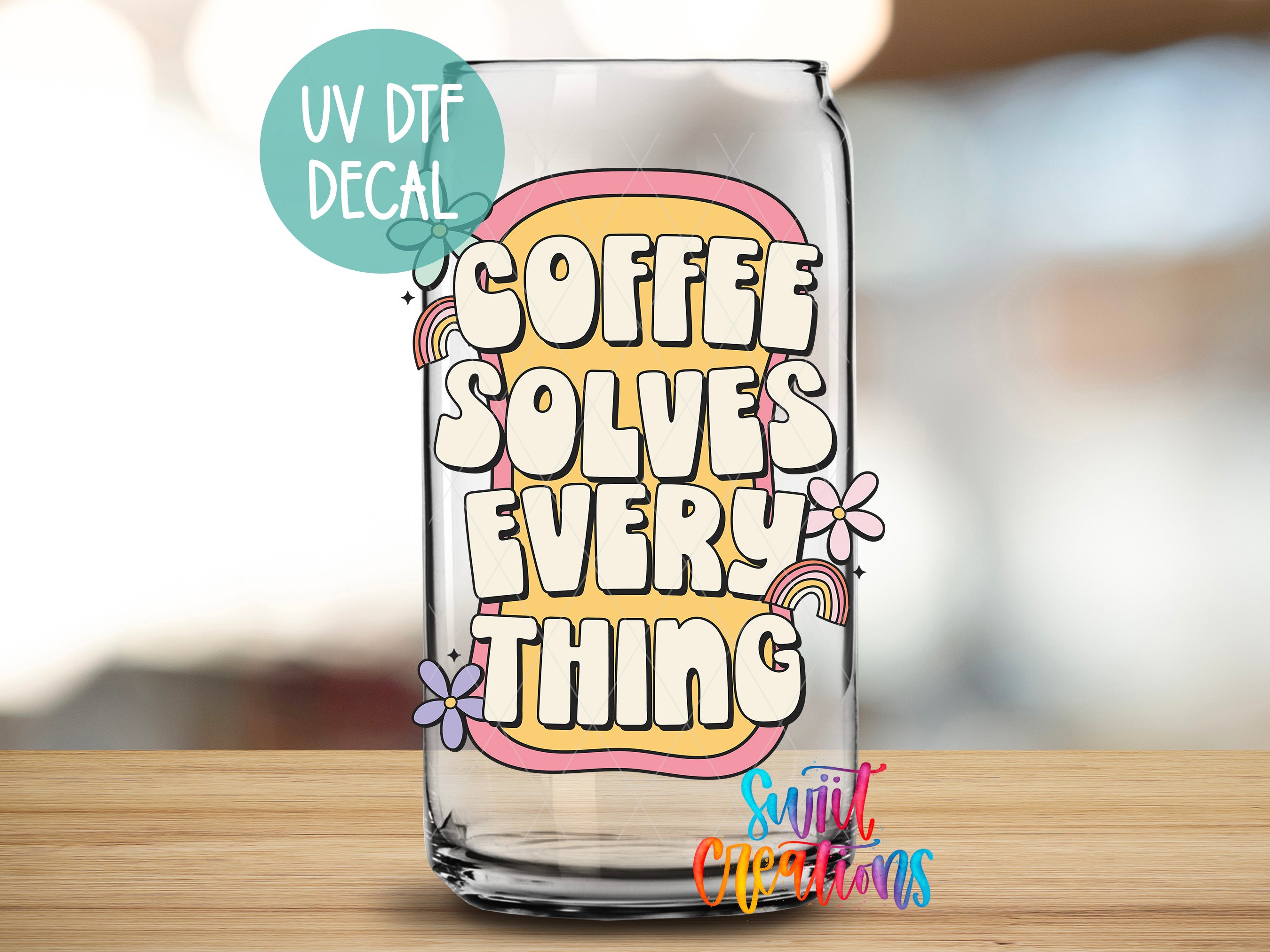 a glass with a message on it sitting on a table