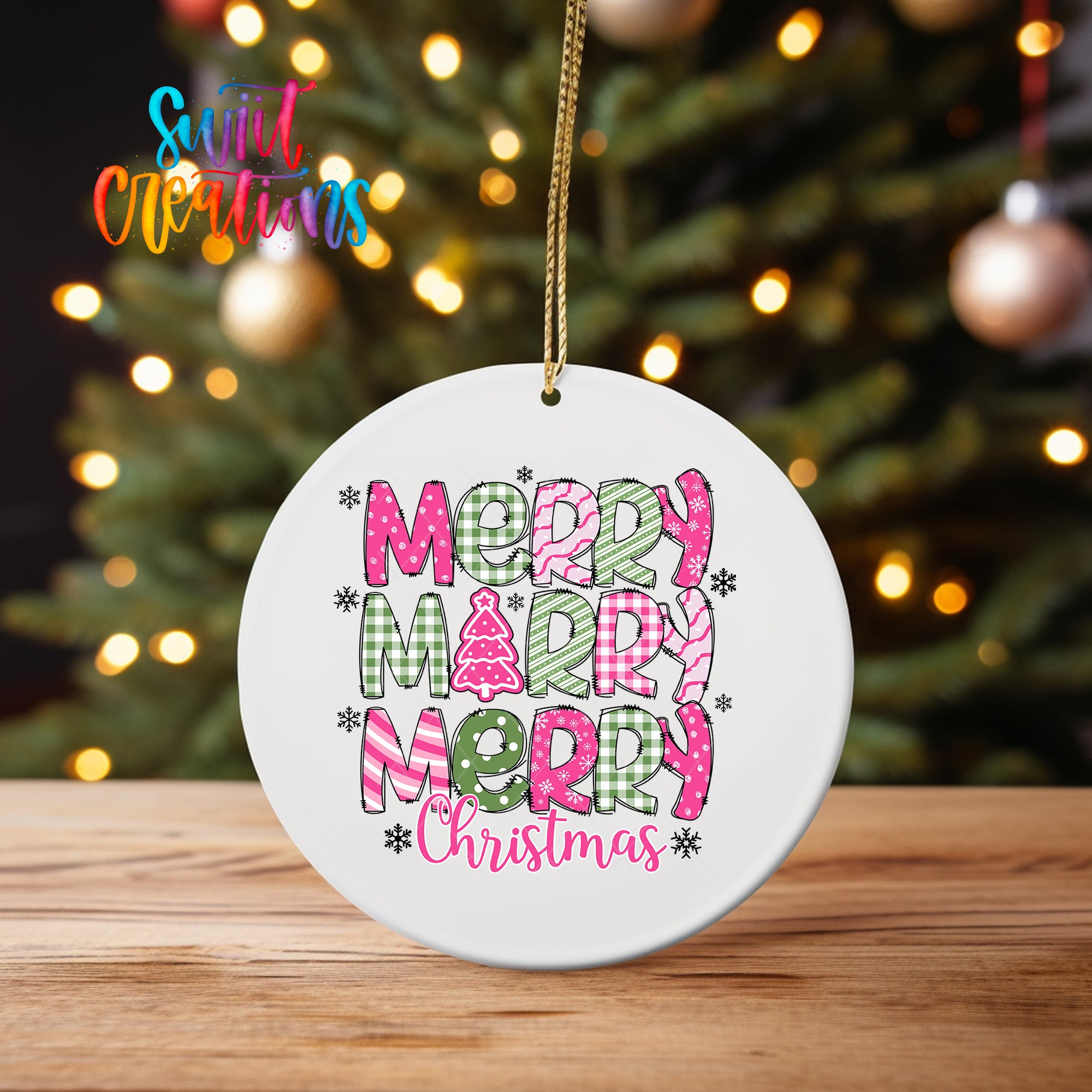 A white Christmas ornament with the text "MERRY MERRY MERRY CHRISTMAS" printed on it, hanging from a string.