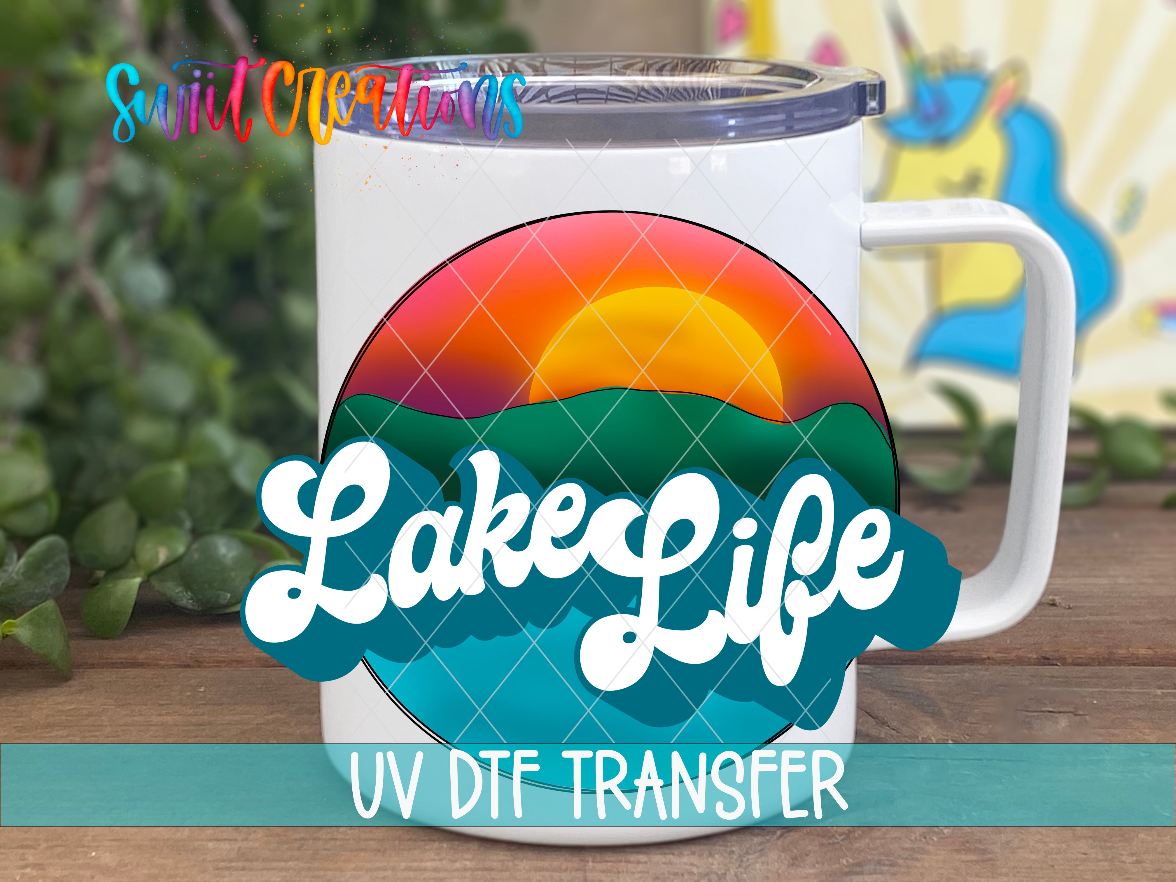 Swiit Creations UV DTF Lake Life retro sunset transfer on a white coffee mug mockup