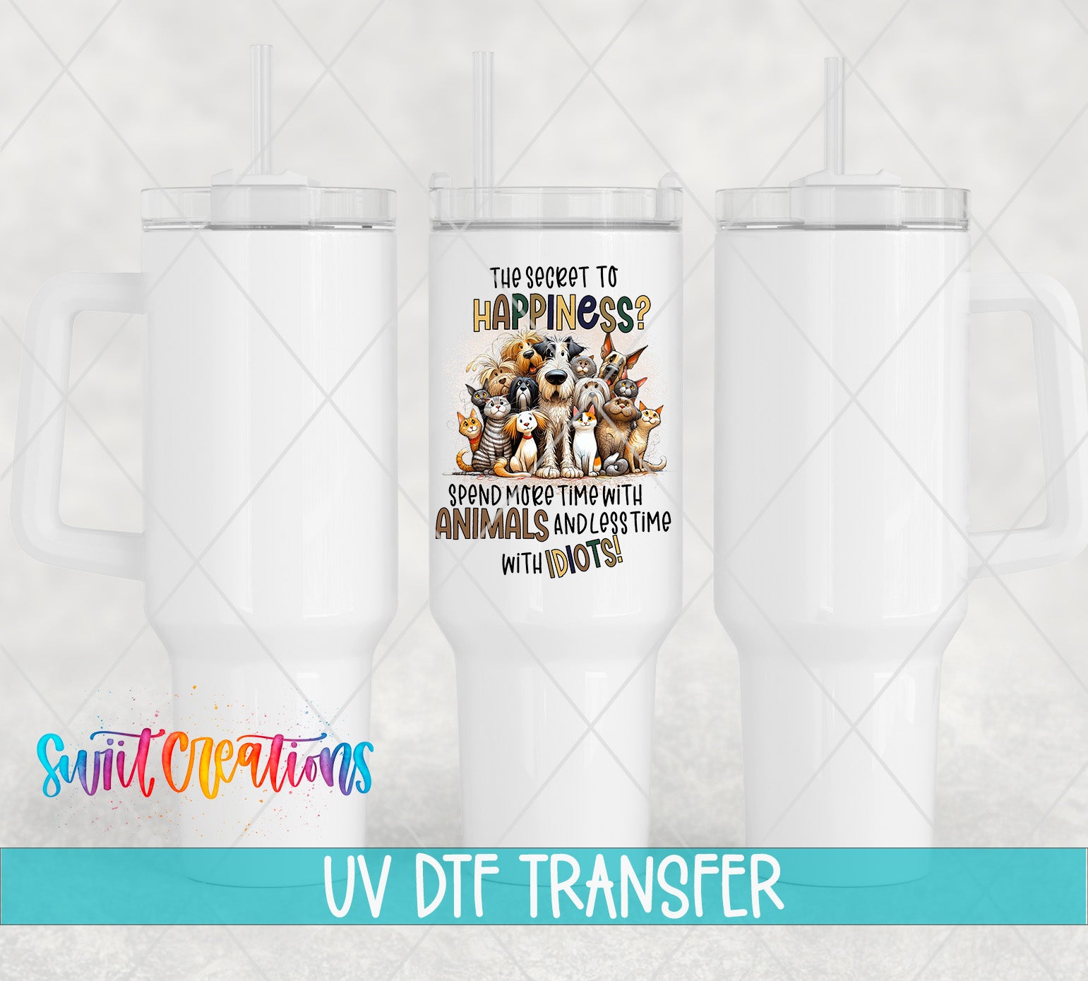 Swiit Creations UV DTF Sassy Fur Mama Dog Mom transfer shown on a white tumbler set