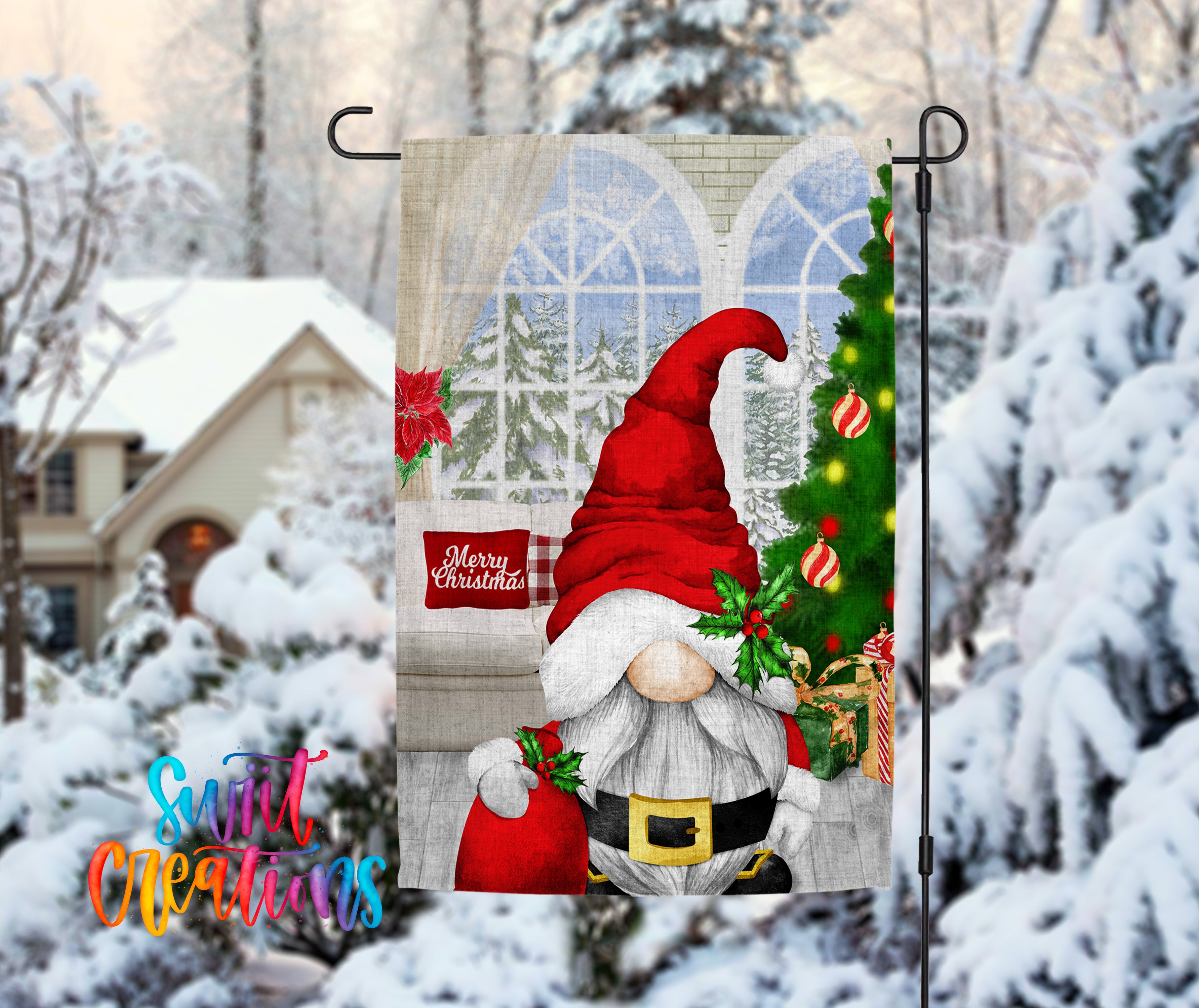 A Christmas-themed outdoor decoration featuring a gnome wearing a Santa hat, with a Christmas tree and snow-covered trees in the background.