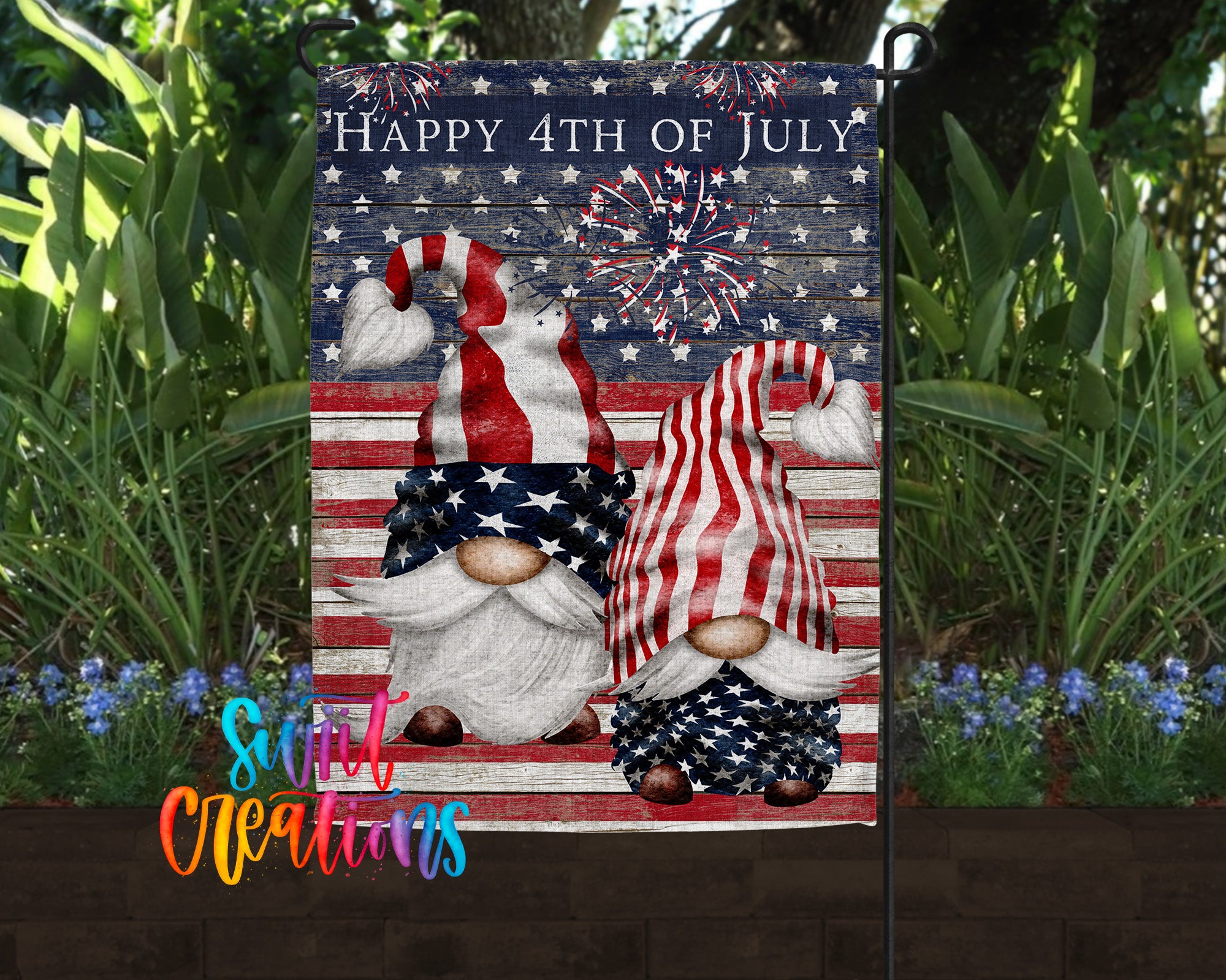 A patriotic 4th of July banner featuring two gnomes wearing American flag-themed hats, with fireworks in the background.