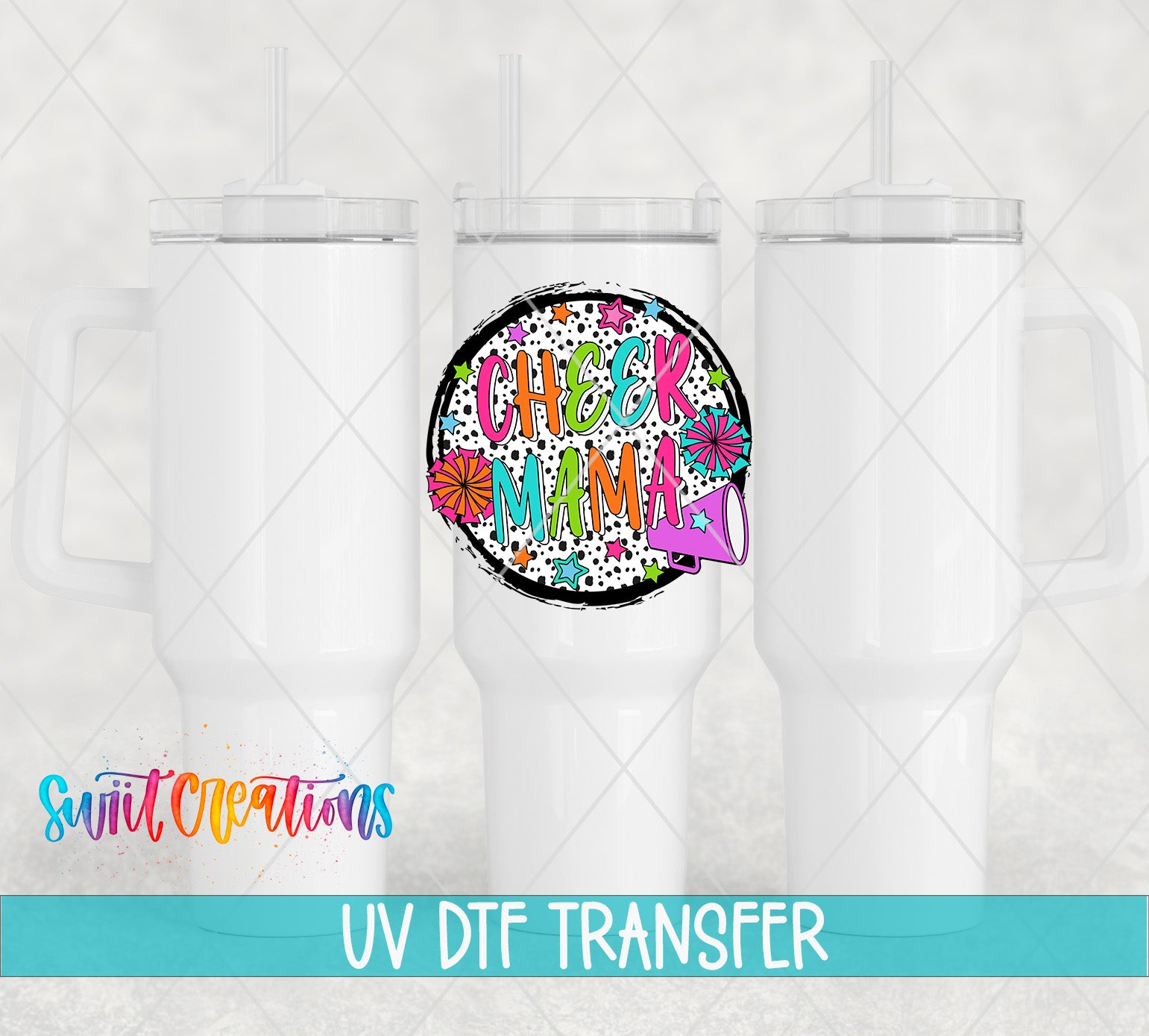 Swiit Creations UV DTF Colorful Proud Cheer Mama transfer shown on a white tumbler set